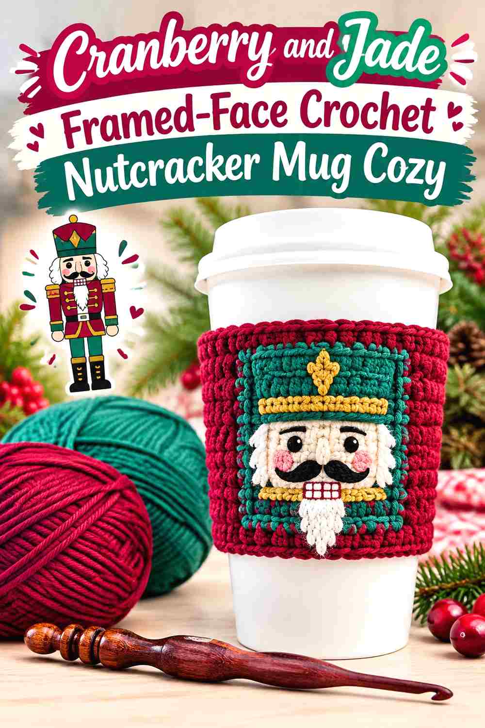 11. Cranberry And Jade Framed Face Crochet Nutcracker Mug Cozy