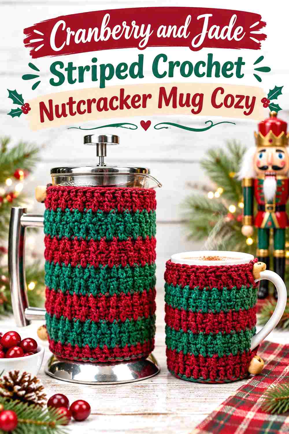 6. Cranberry And Jade Striped Crochet Nutcracker Mug Cozy