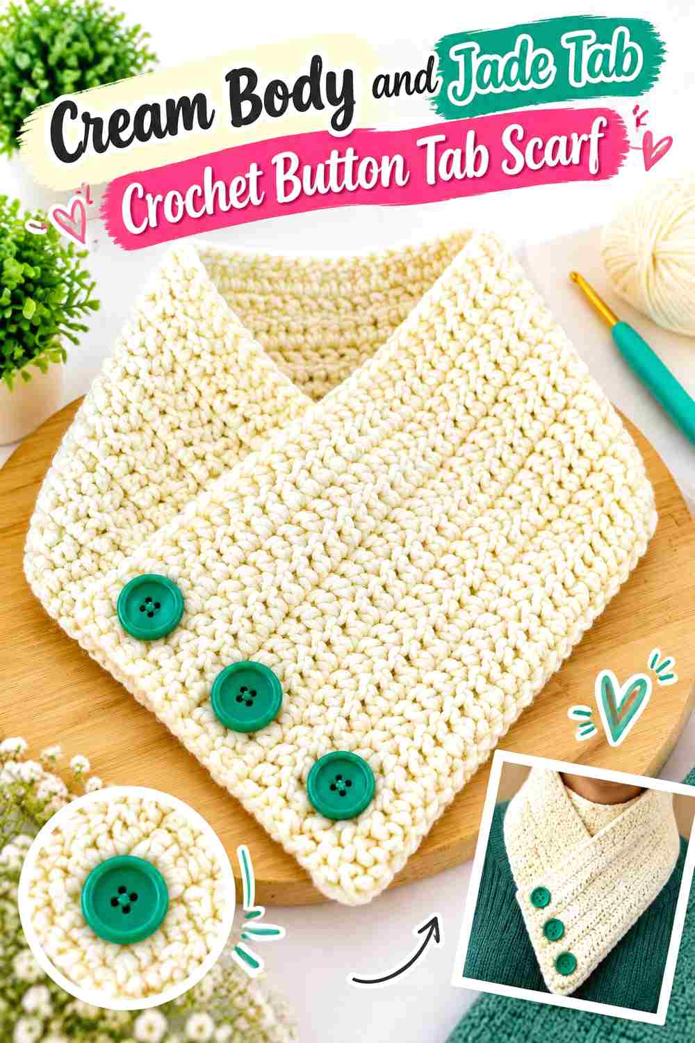 1. Cream Body And Jade Tab Crochet Button Tab Scarf