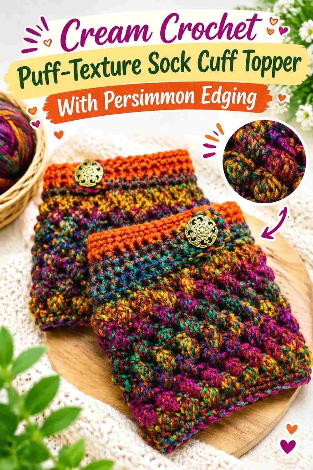 11. Cream Crochet Puff Texture Sock Cuff Topper With Persimmon Edging