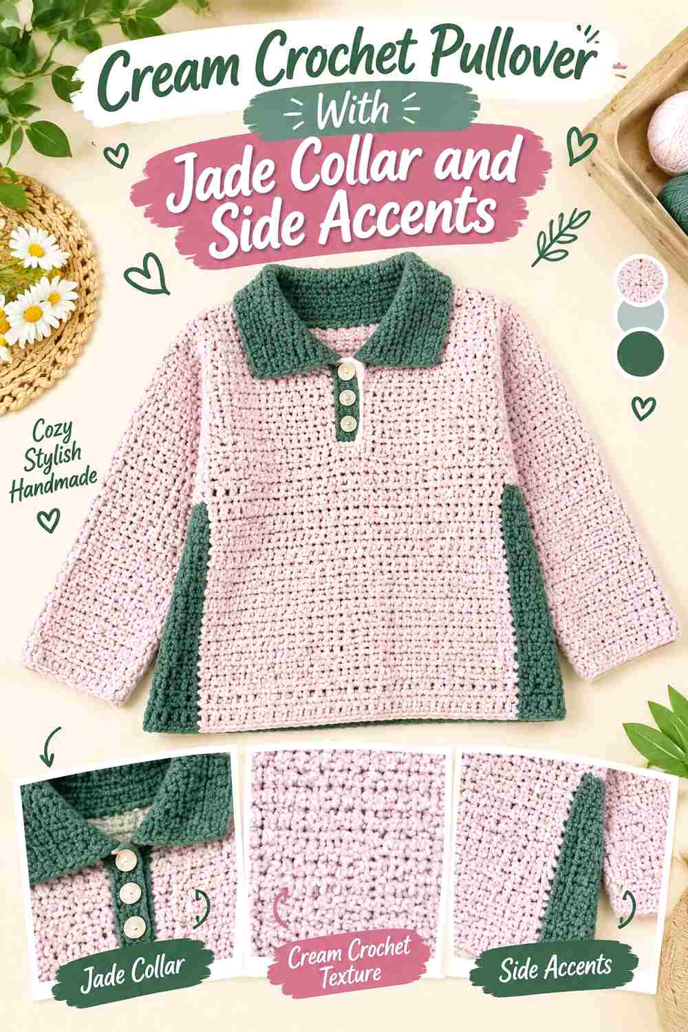 8. Cream Crochet Pullover With Jade Collar And Side Accents