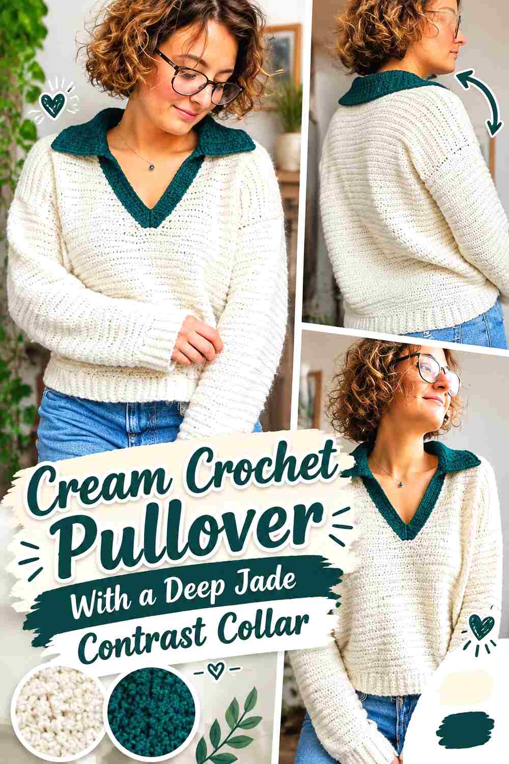 2. Cream Crochet Pullover With A Deep Jade Contrast Collar