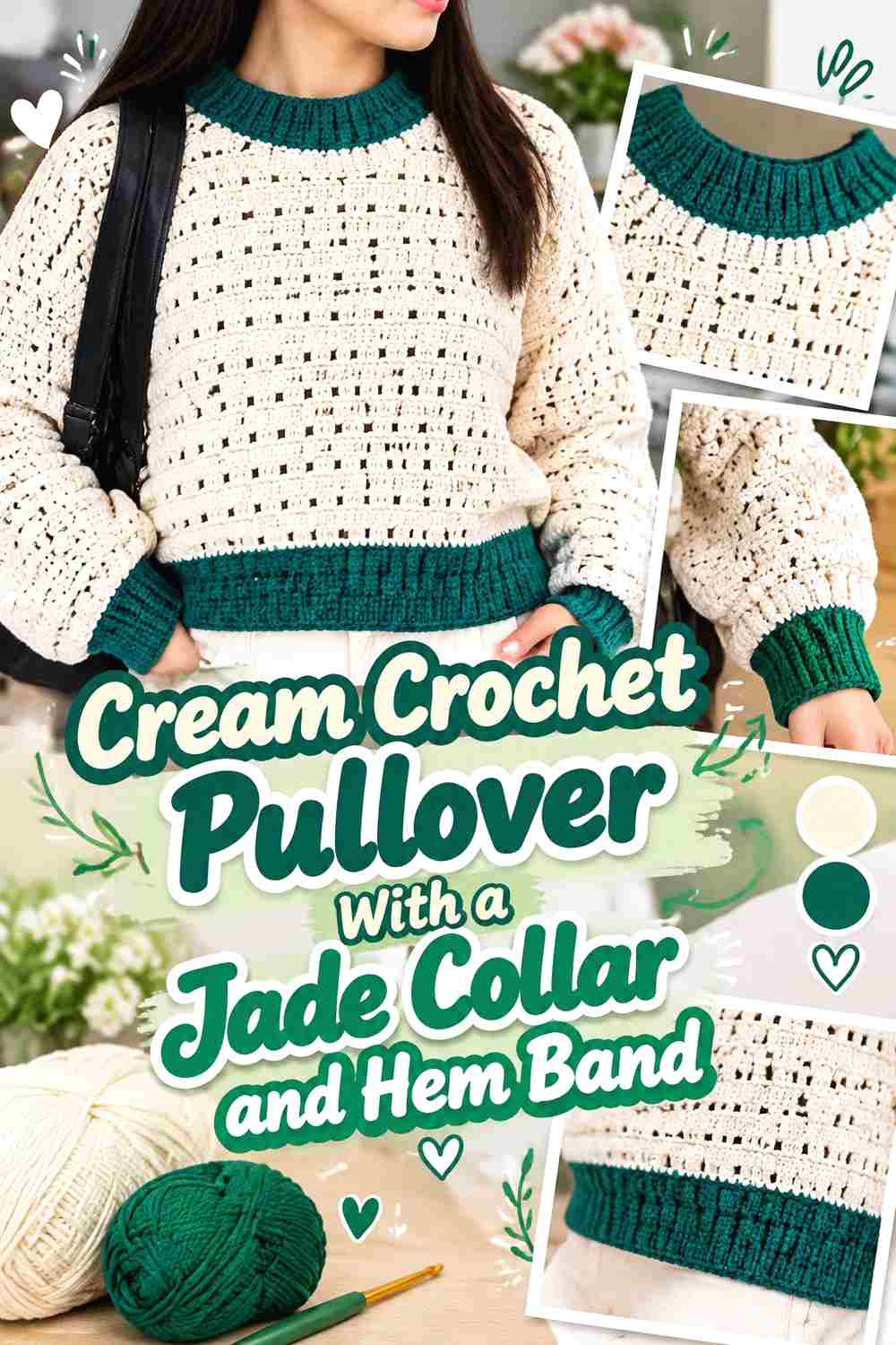 5. Cream Crochet Pullover With A Jade Collar And Hem Band