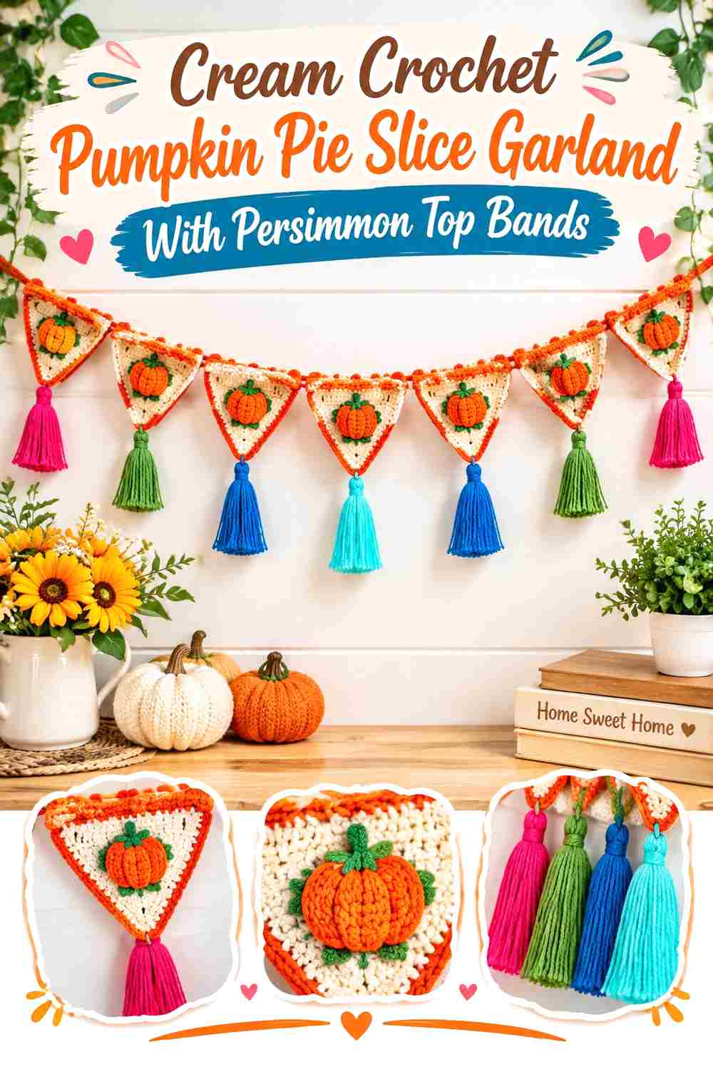 10. Cream Crochet Pumpkin Pie Slice Garland With Persimmon Top Bands