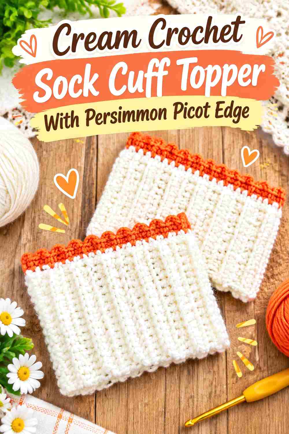 6. Cream Crochet Sock Cuff Topper With Persimmon Picot Edge