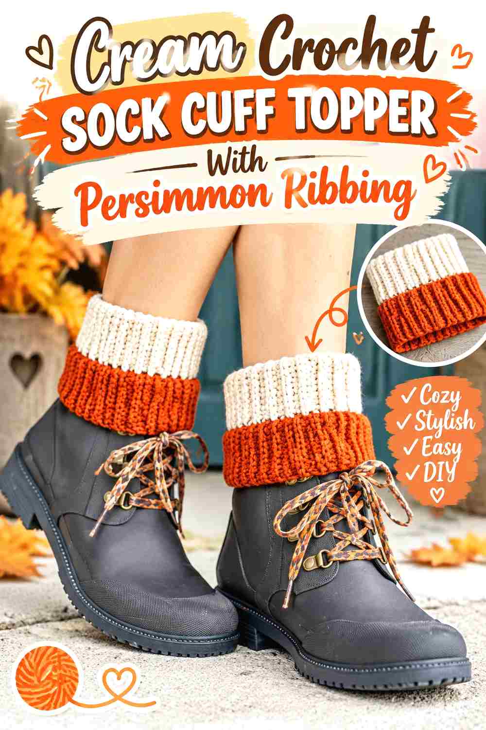 4. Cream Crochet Sock Cuff Topper With Persimmon Ribbing