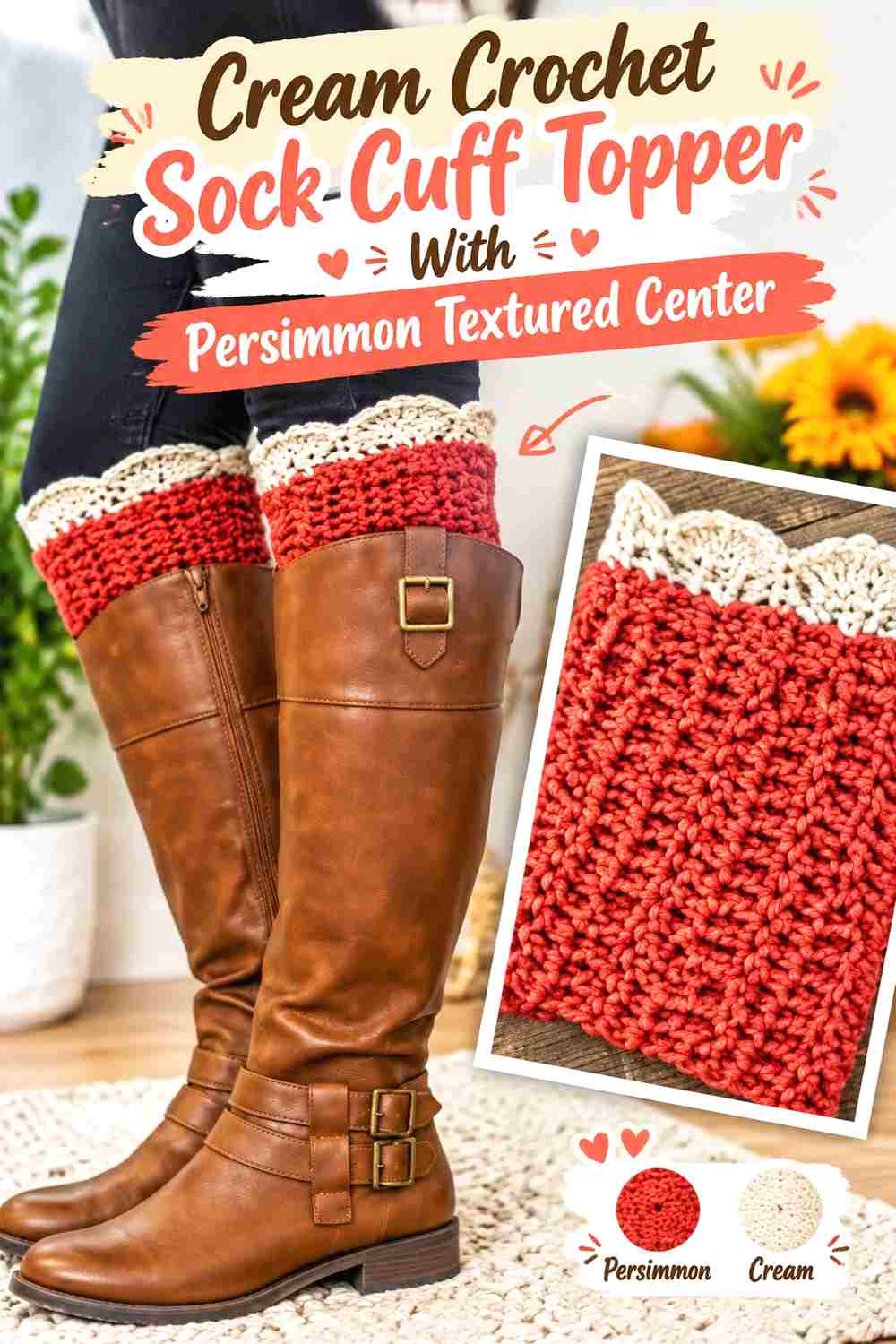 8. Cream Crochet Sock Cuff Topper With Persimmon Textured Center