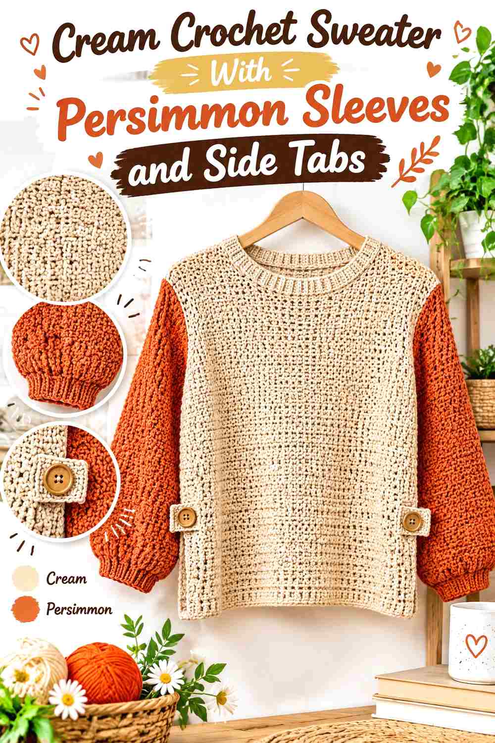 8. Cream Crochet Sweater With Persimmon Sleeves And Side Tabs