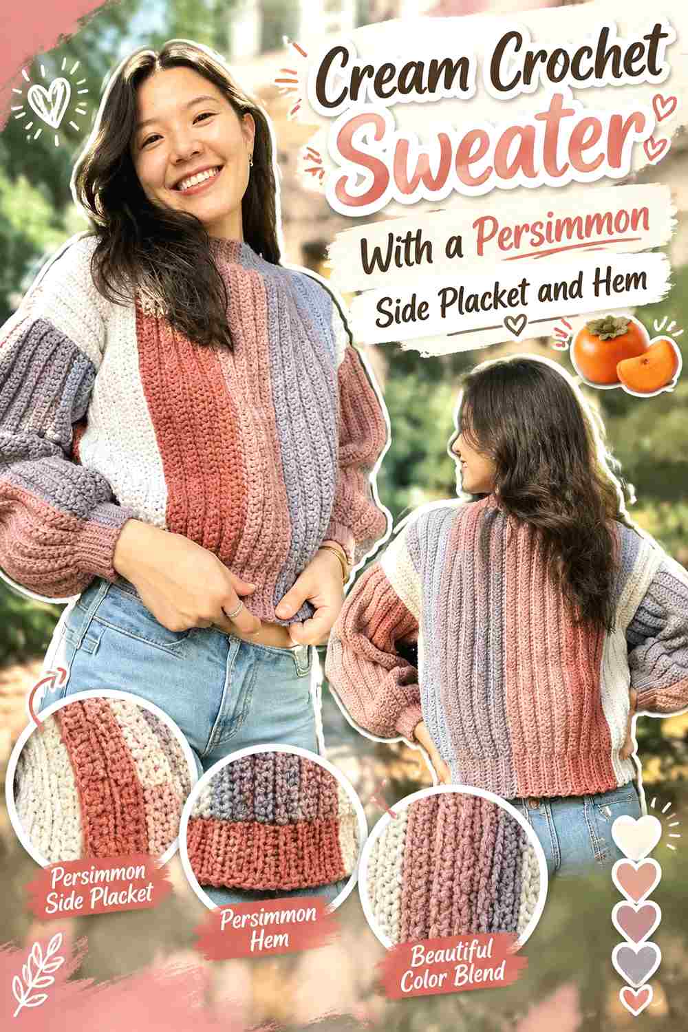 10. Cream Crochet Sweater With A Persimmon Side Placket And Hem
