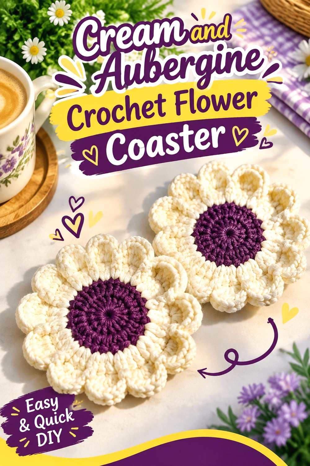 8. Cream And Aubergine Crochet Flower Coaster