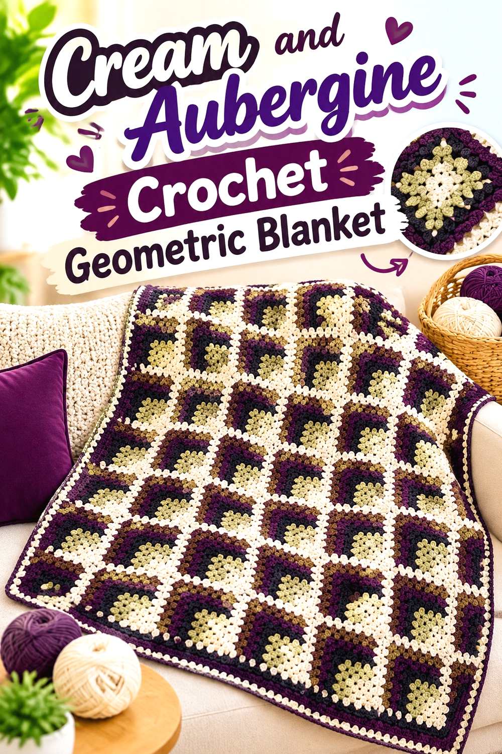 2. Cream And Aubergine Crochet Geometric Blanket