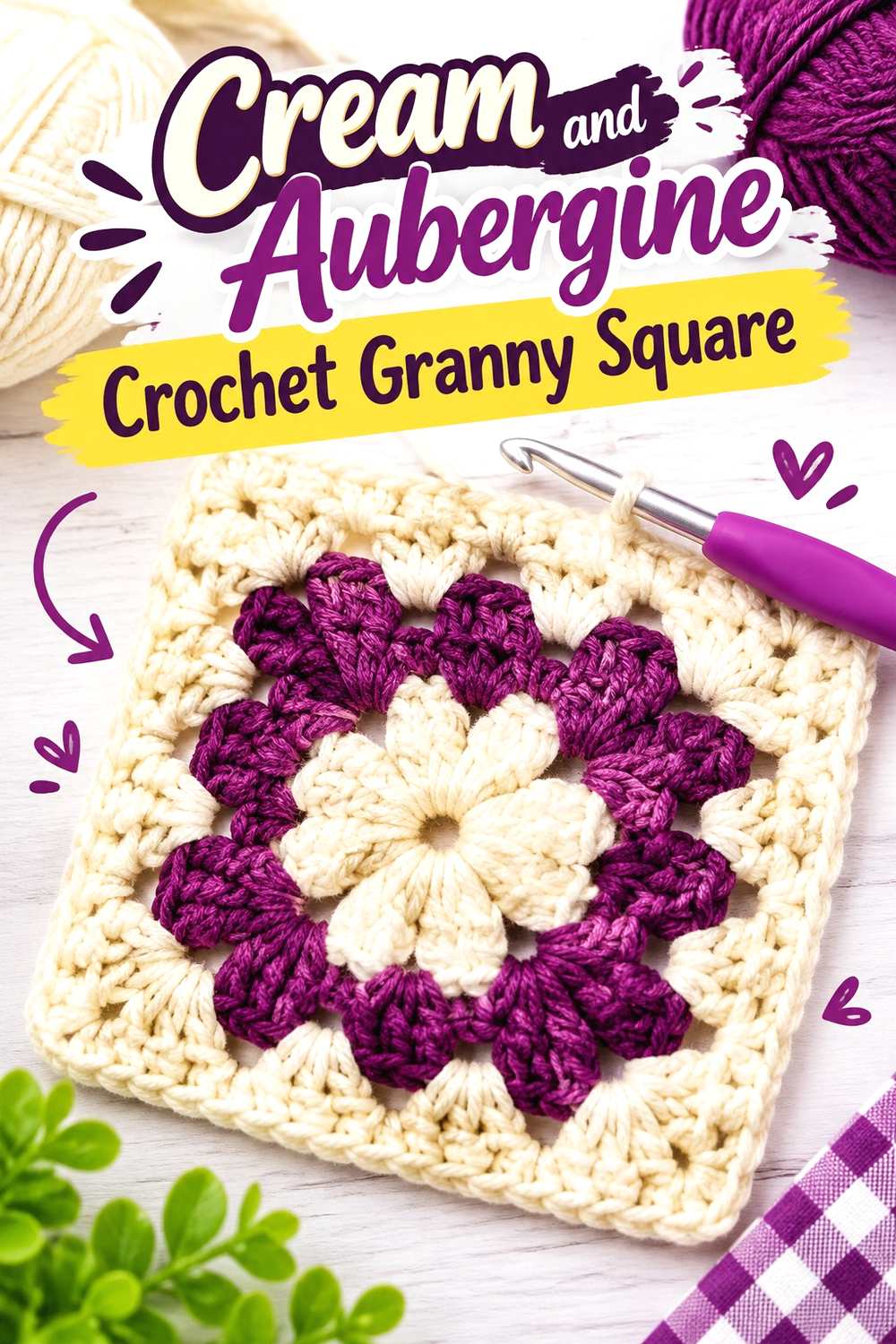 6. Cream And Aubergine Crochet Granny Square