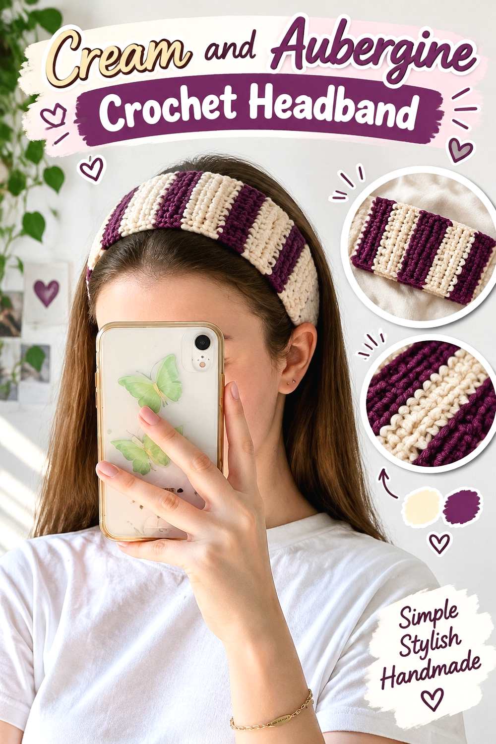 7. Cream And Aubergine Crochet Headband