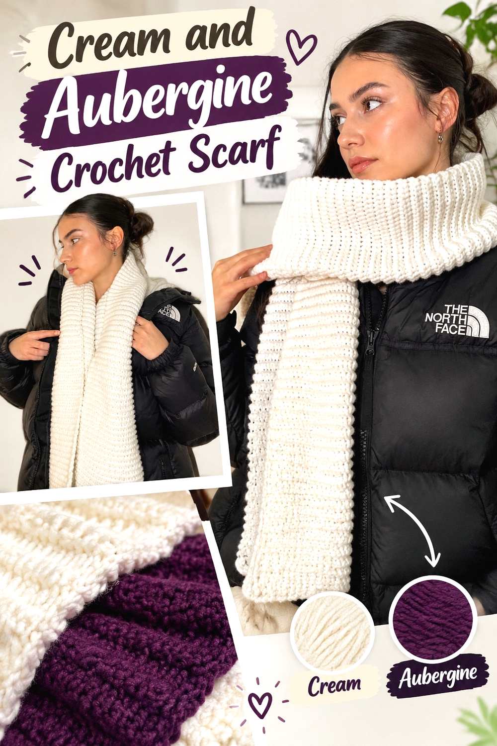 10. Cream And Aubergine Crochet Scarf