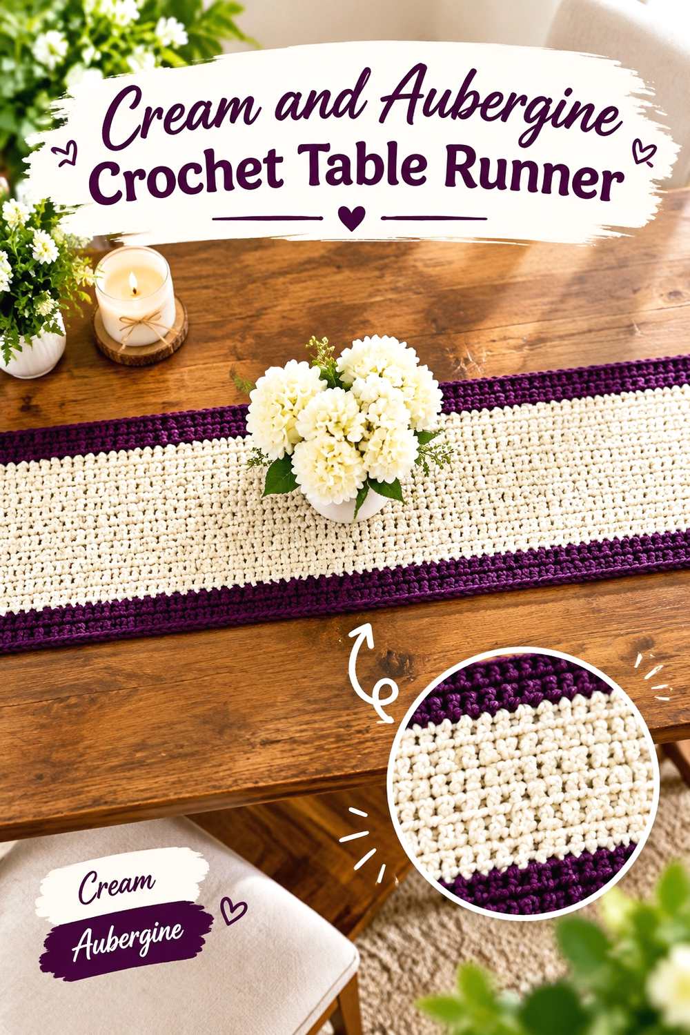 15. Cream And Aubergine Crochet Table Runner