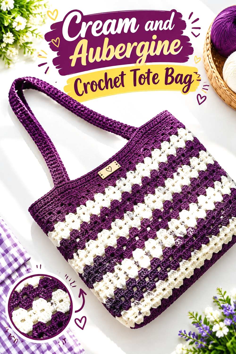 4. Cream And Aubergine Crochet Tote Bag