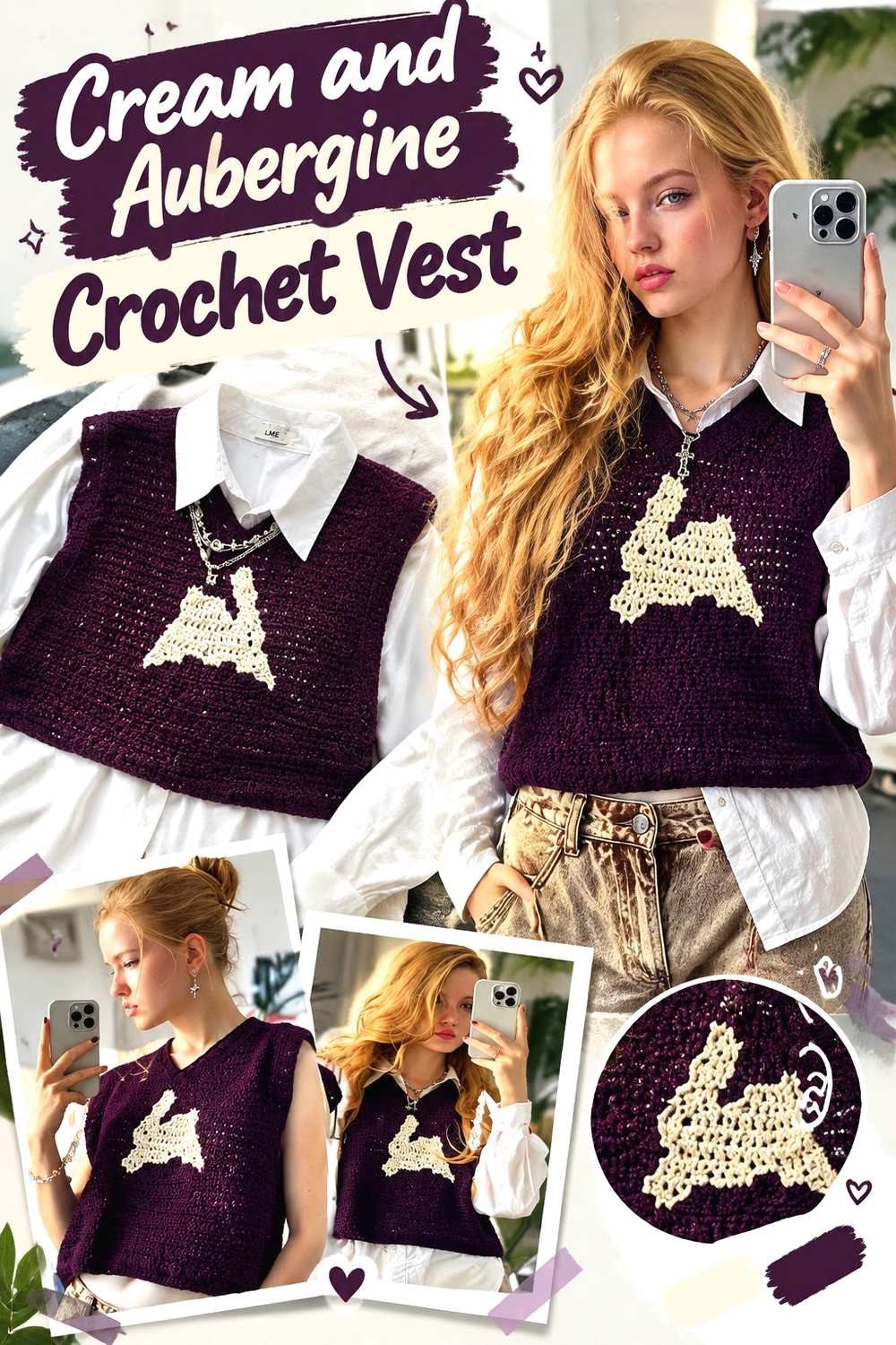 13. Cream And Aubergine Crochet Vest