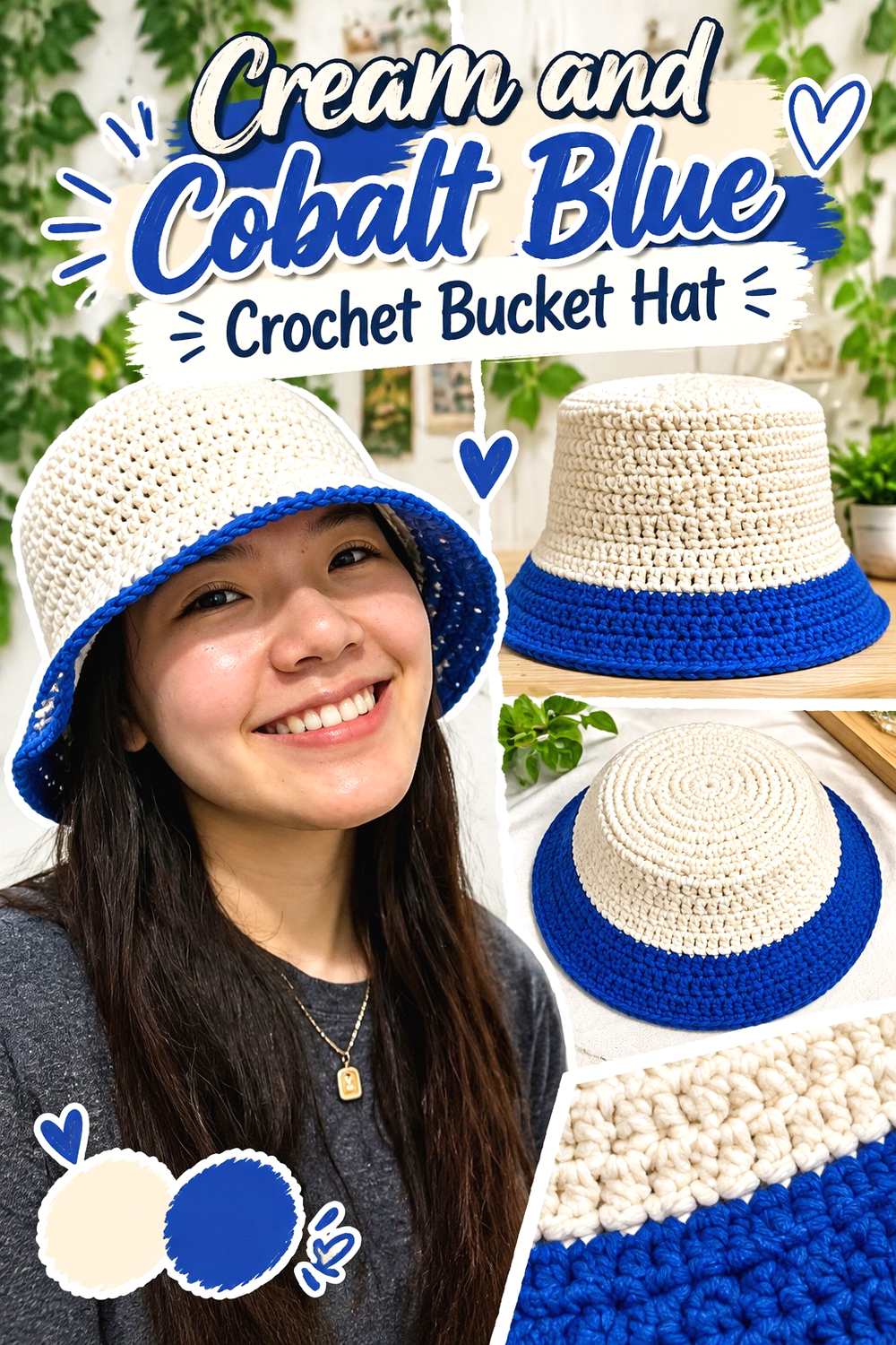 16. Cream And Cobalt Blue Crochet Bucket Hat