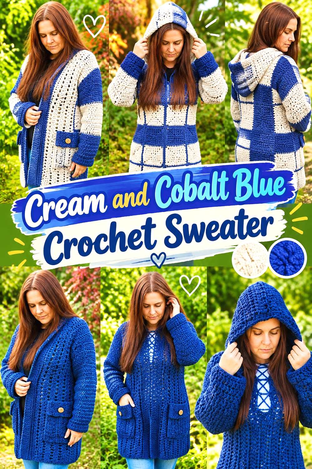 15. Cream And Cobalt Blue Crochet Sweater