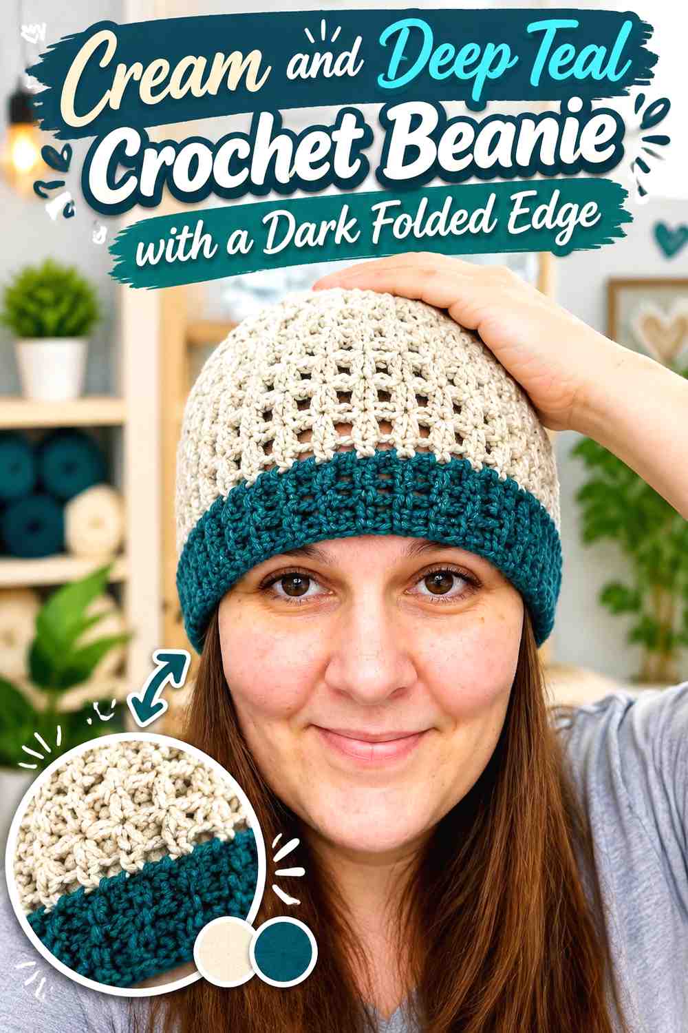 8. Cream And Deep Teal Crochet Beanie With A Dark Folded Edge