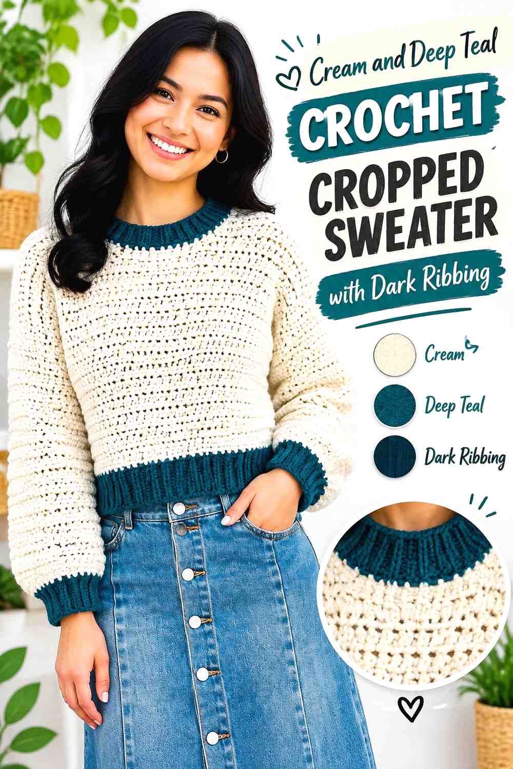 2. Cream And Deep Teal Crochet Cropped Sweater With Dark Ribbing