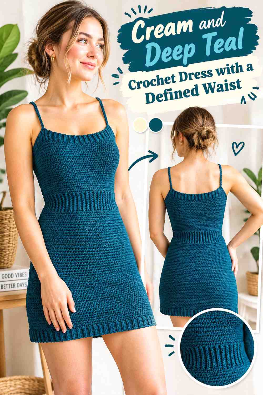 6. Cream And Deep Teal Crochet Dress With A Defined Waist