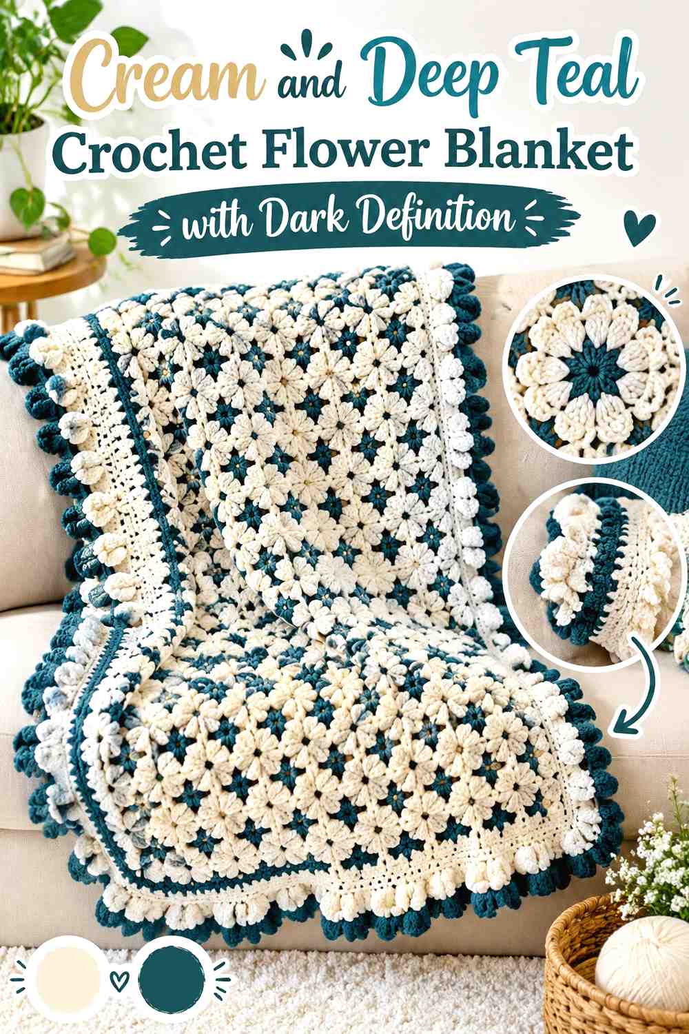 18. Cream And Deep Teal Crochet Flower Blanket With Dark Definition