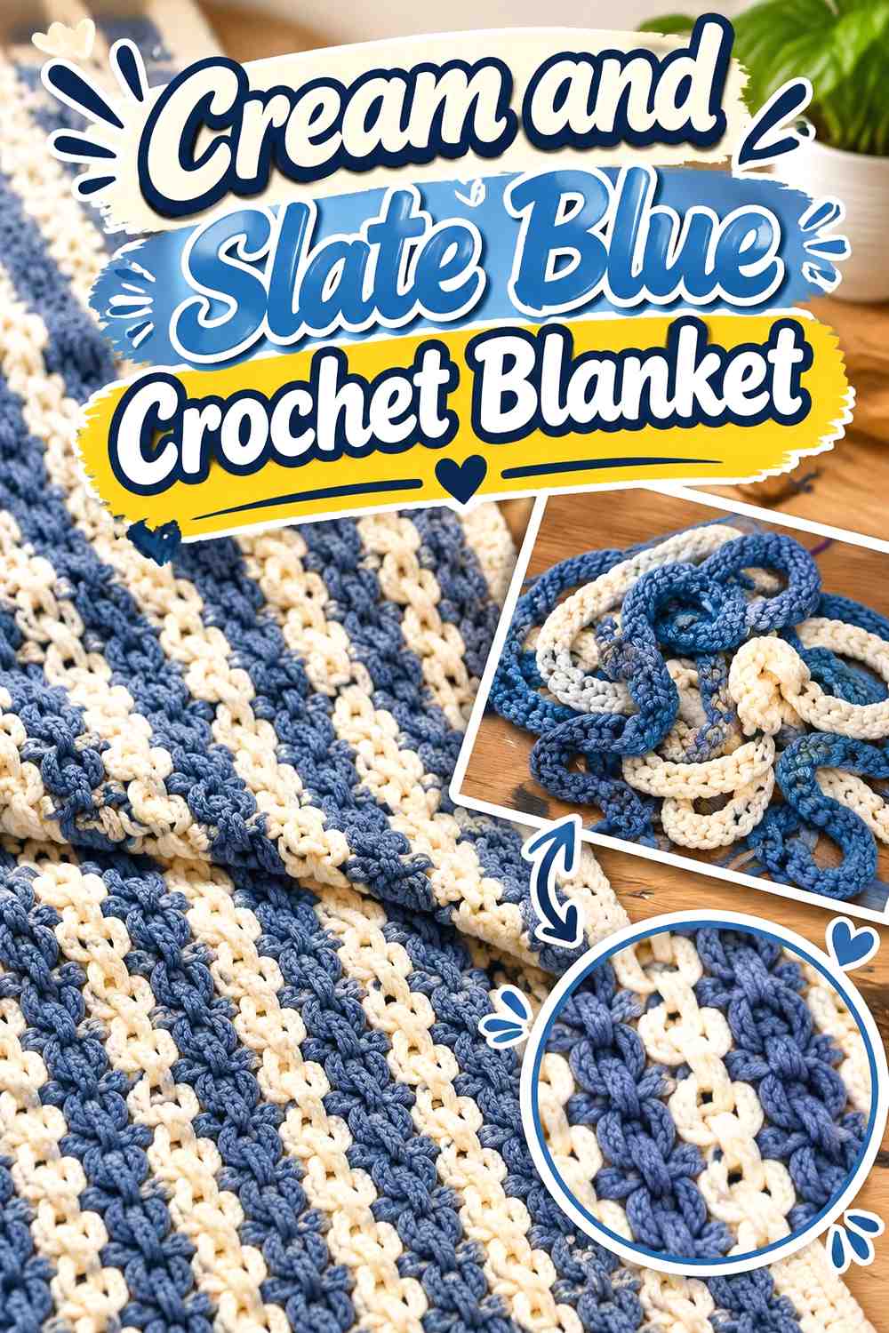 2. Cream And Slate Blue Crochet Blanket