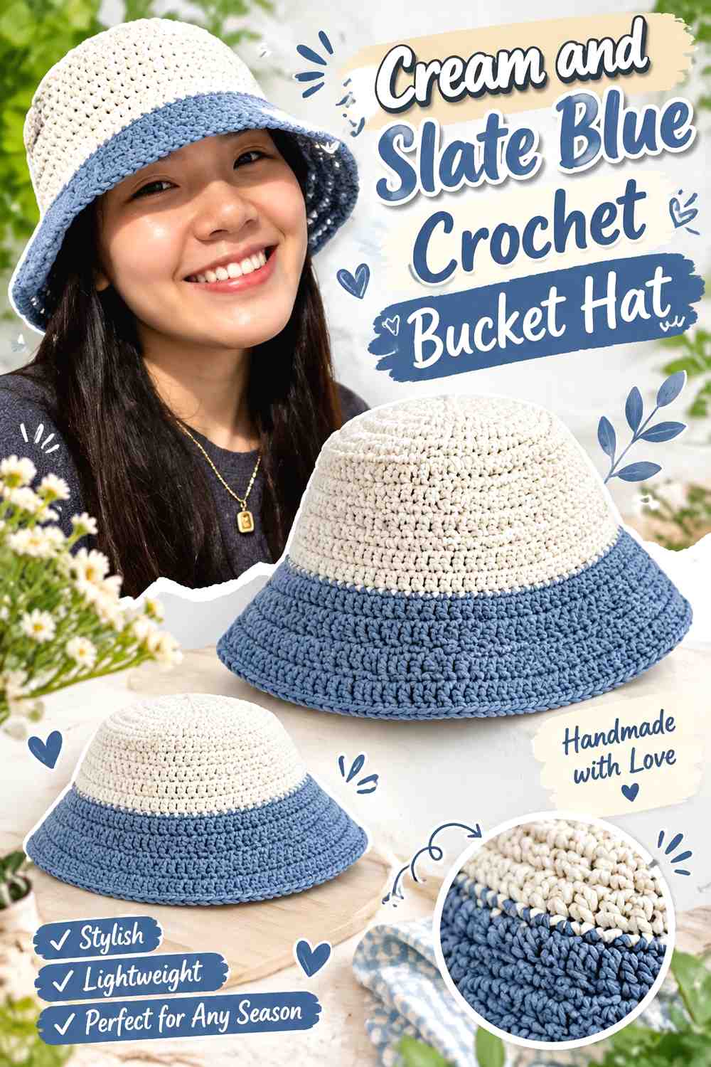 17. Cream And Slate Blue Crochet Bucket Hat