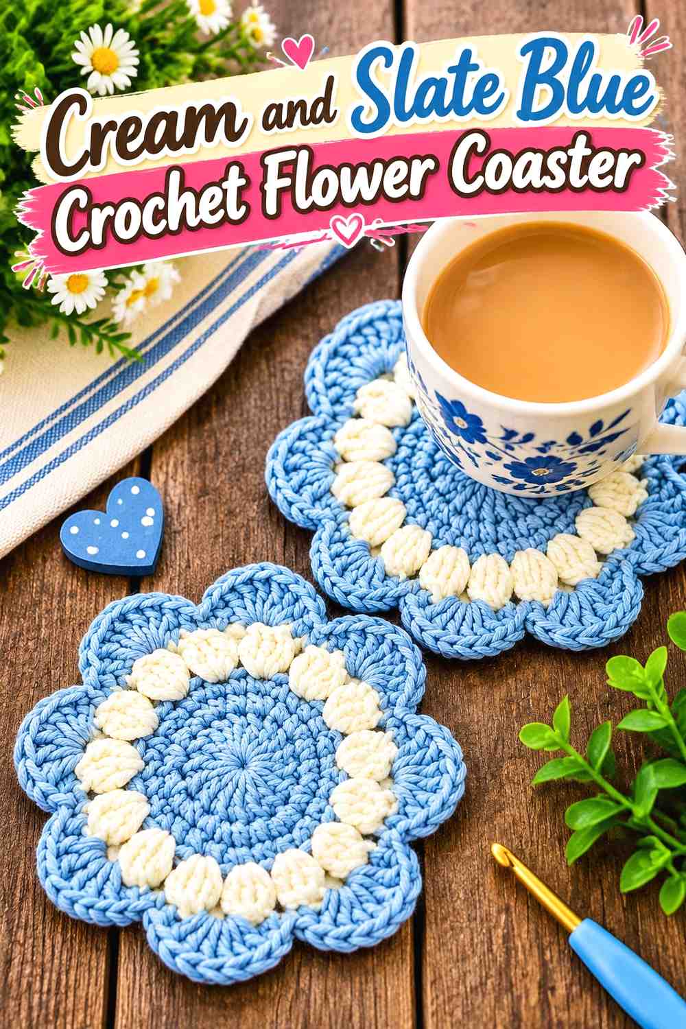 8. Cream And Slate Blue Crochet Flower Coaster