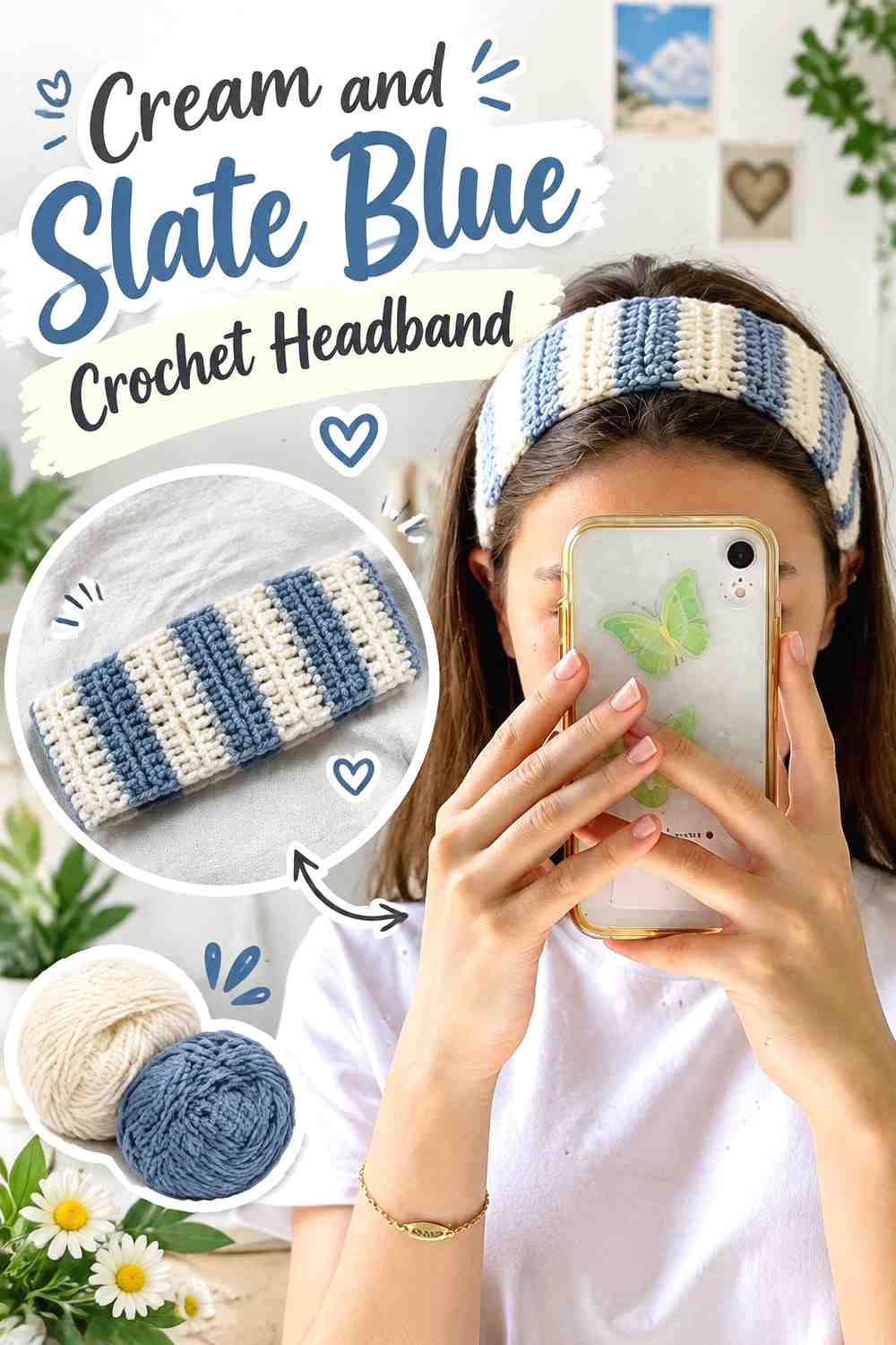 7. Cream And Slate Blue Crochet Headband