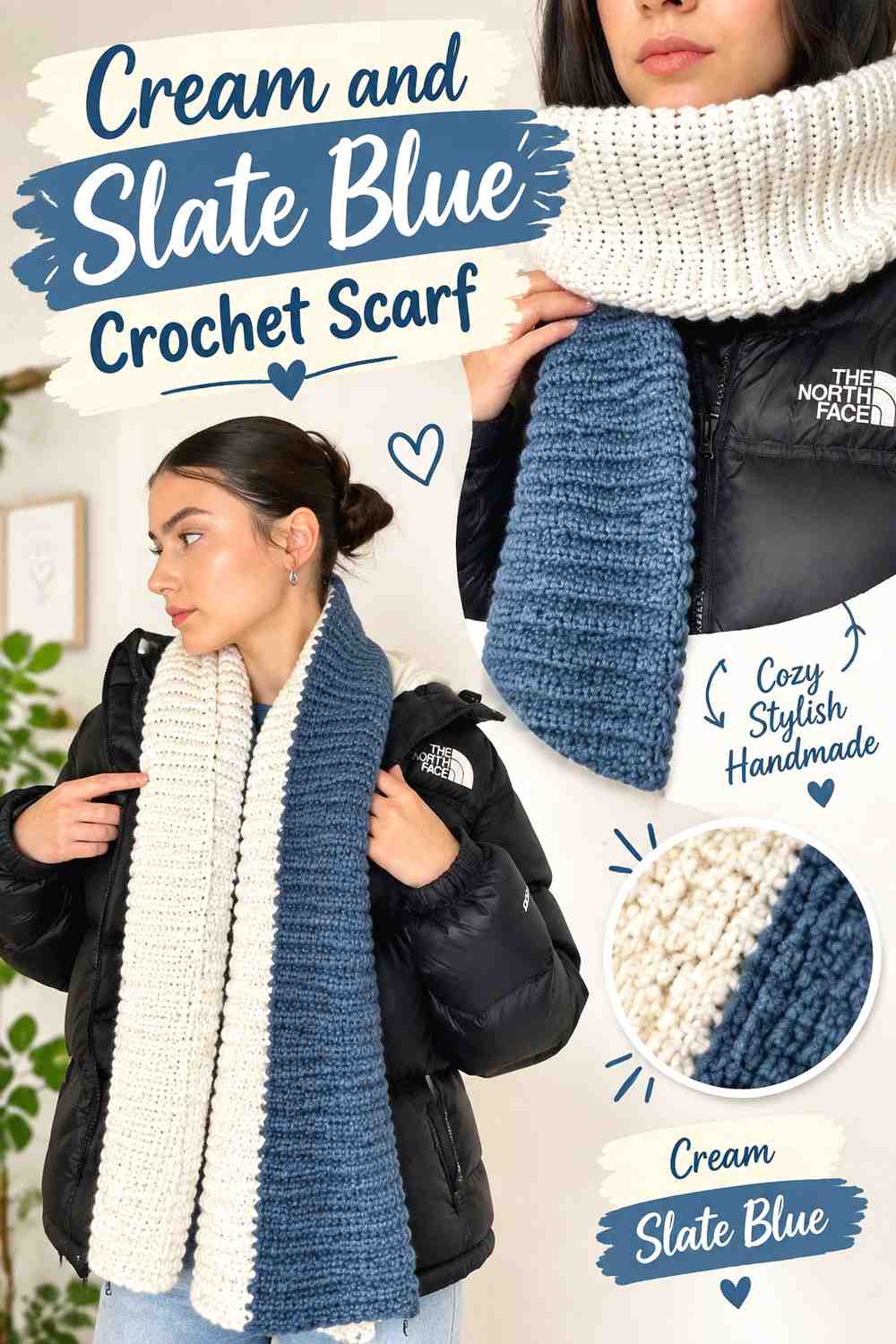 10. Cream And Slate Blue Crochet Scarf