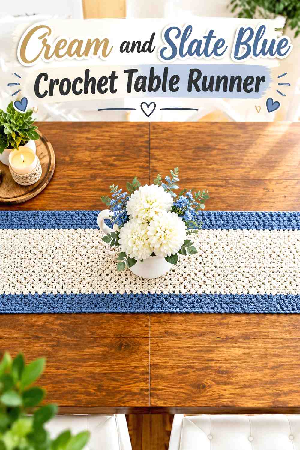 15. Cream And Slate Blue Crochet Table Runner