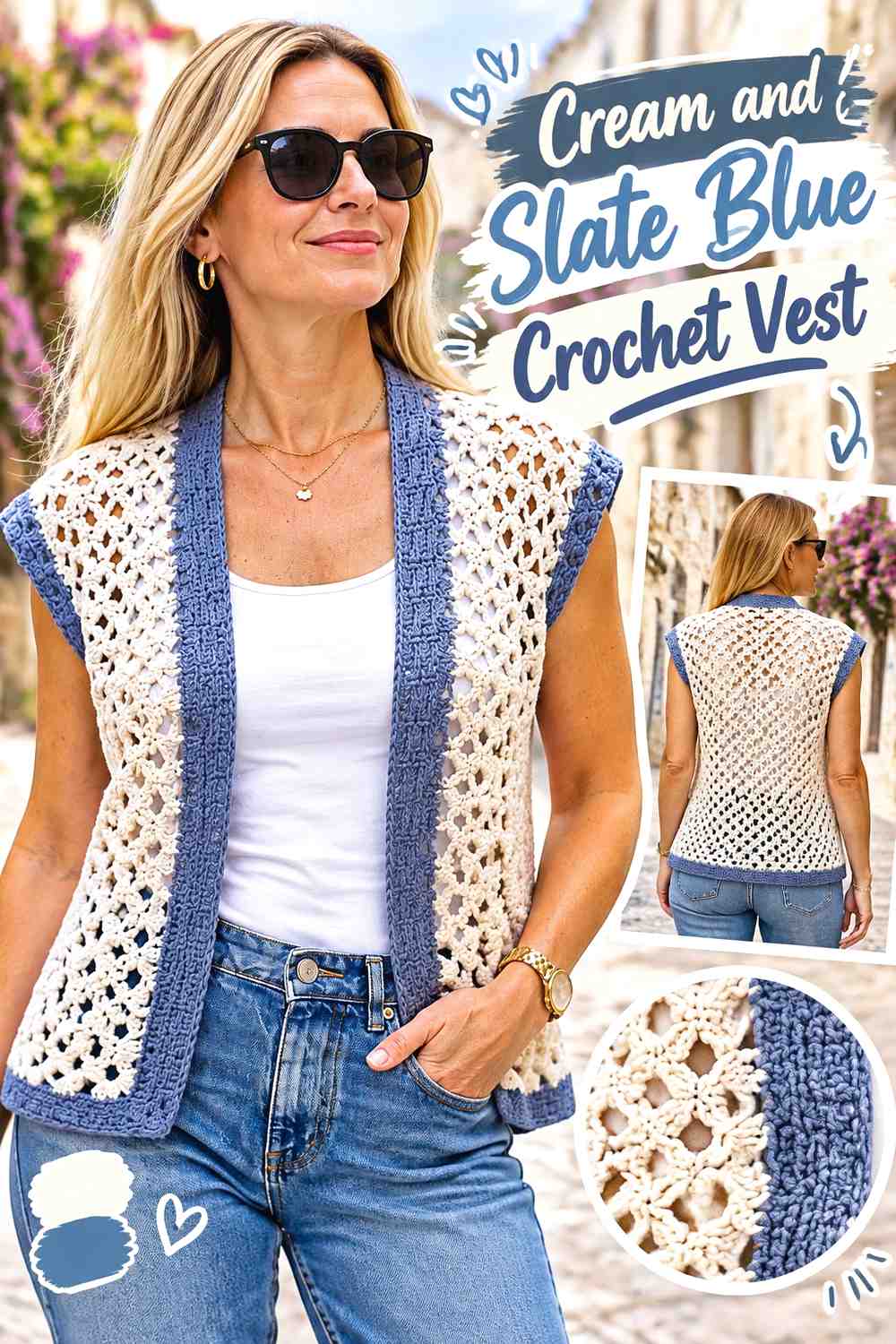 13. Cream And Slate Blue Crochet Vest