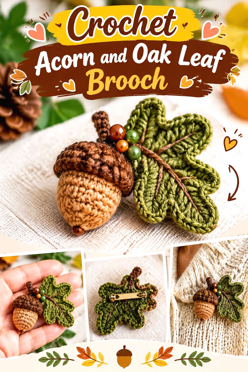 Crochet Acorn and Oak Leaf Brooch