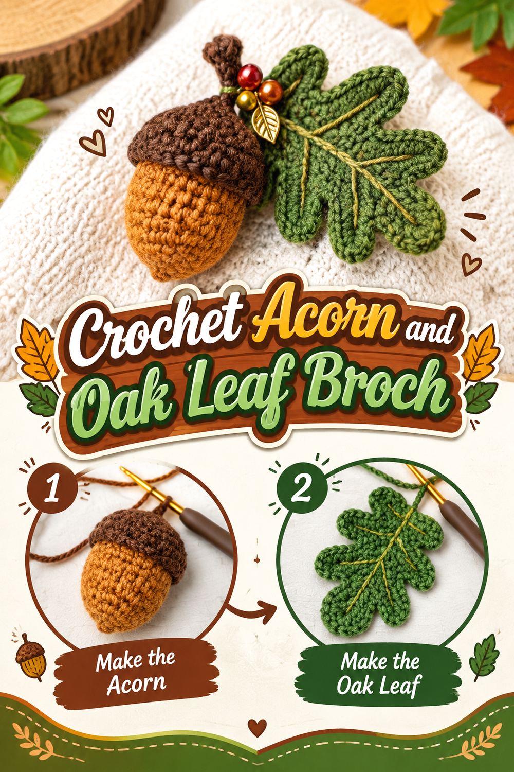 Crochet Acorn and Oak Leaf Brooch