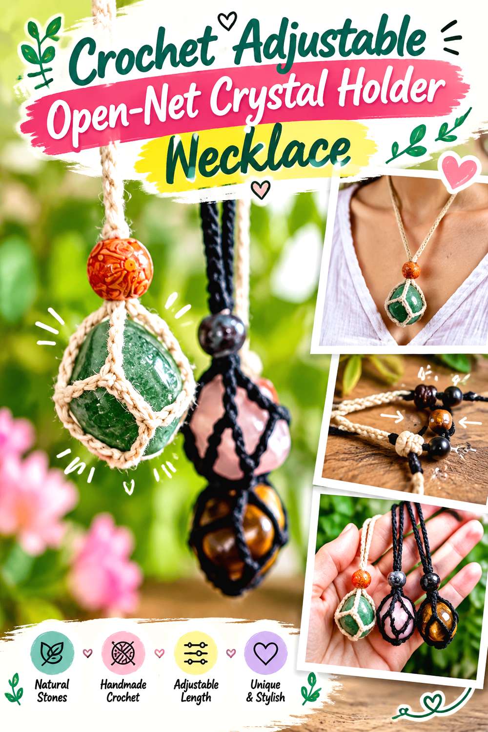 Crochet Adjustable Open Net Crystal Holder Necklace