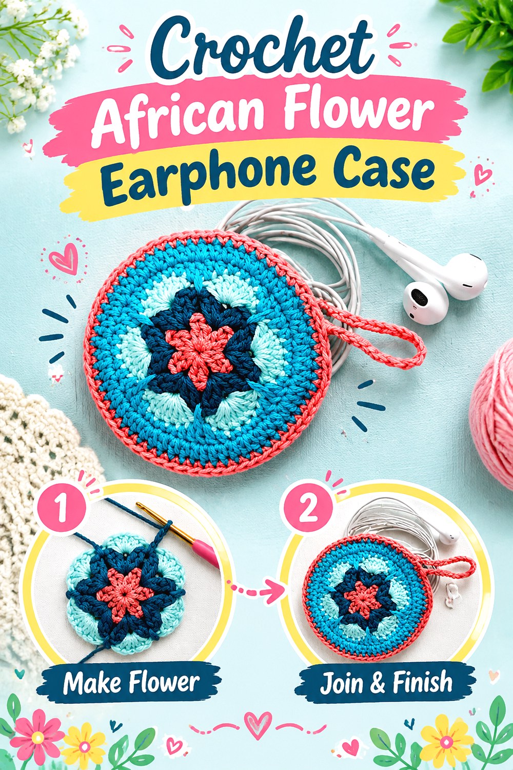 Crochet African Flower Earphone Case