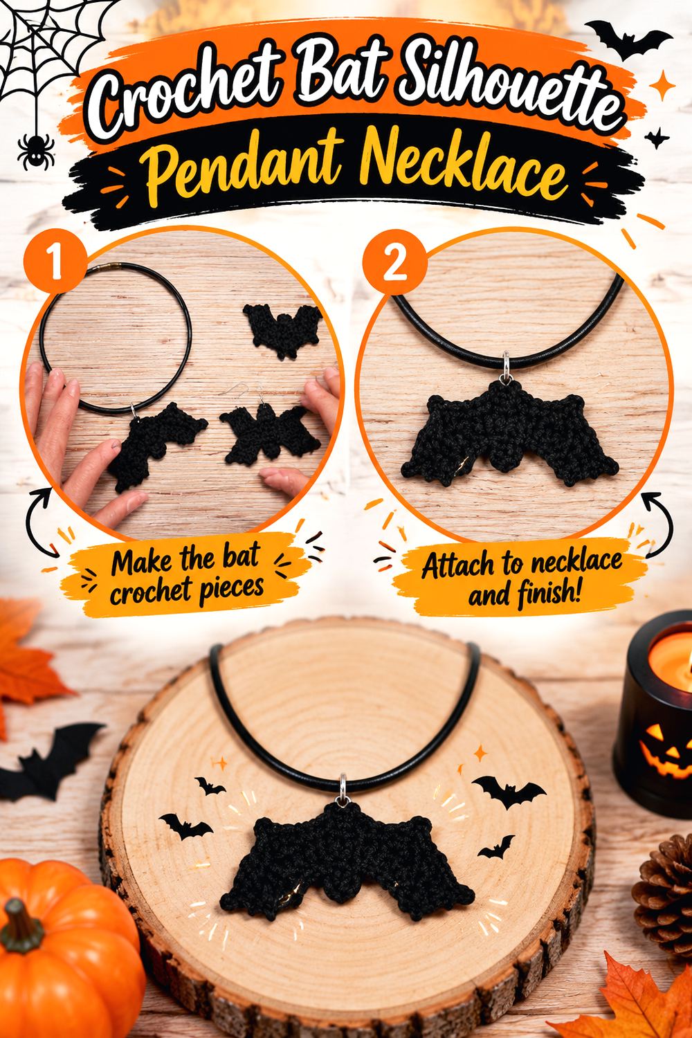 Crochet Bat Silhouette Pendant Necklace