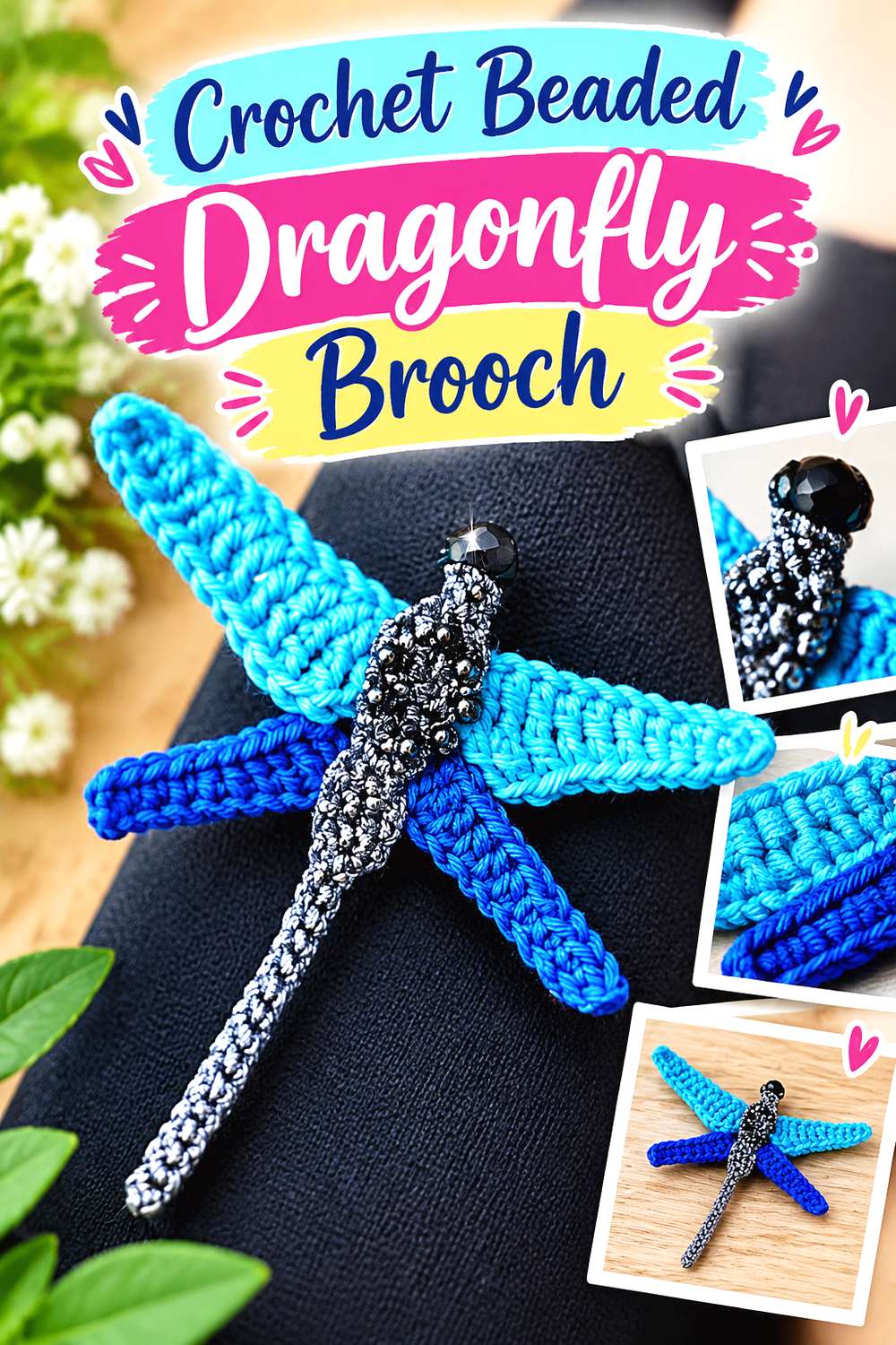 Crochet Beaded Dragonfly Brooch