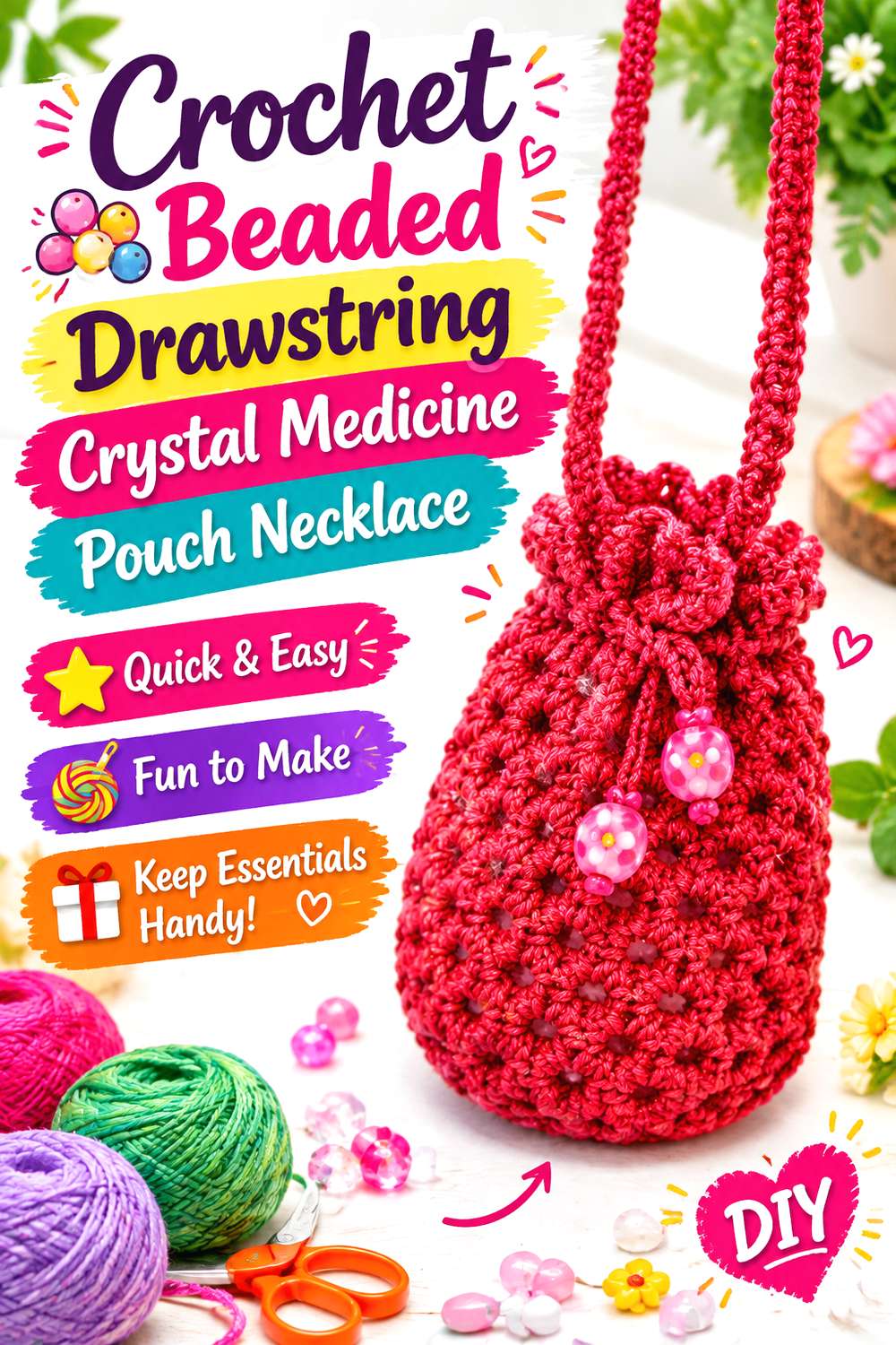 Crochet Beaded Drawstring Crystal Medicine Pouch Necklace