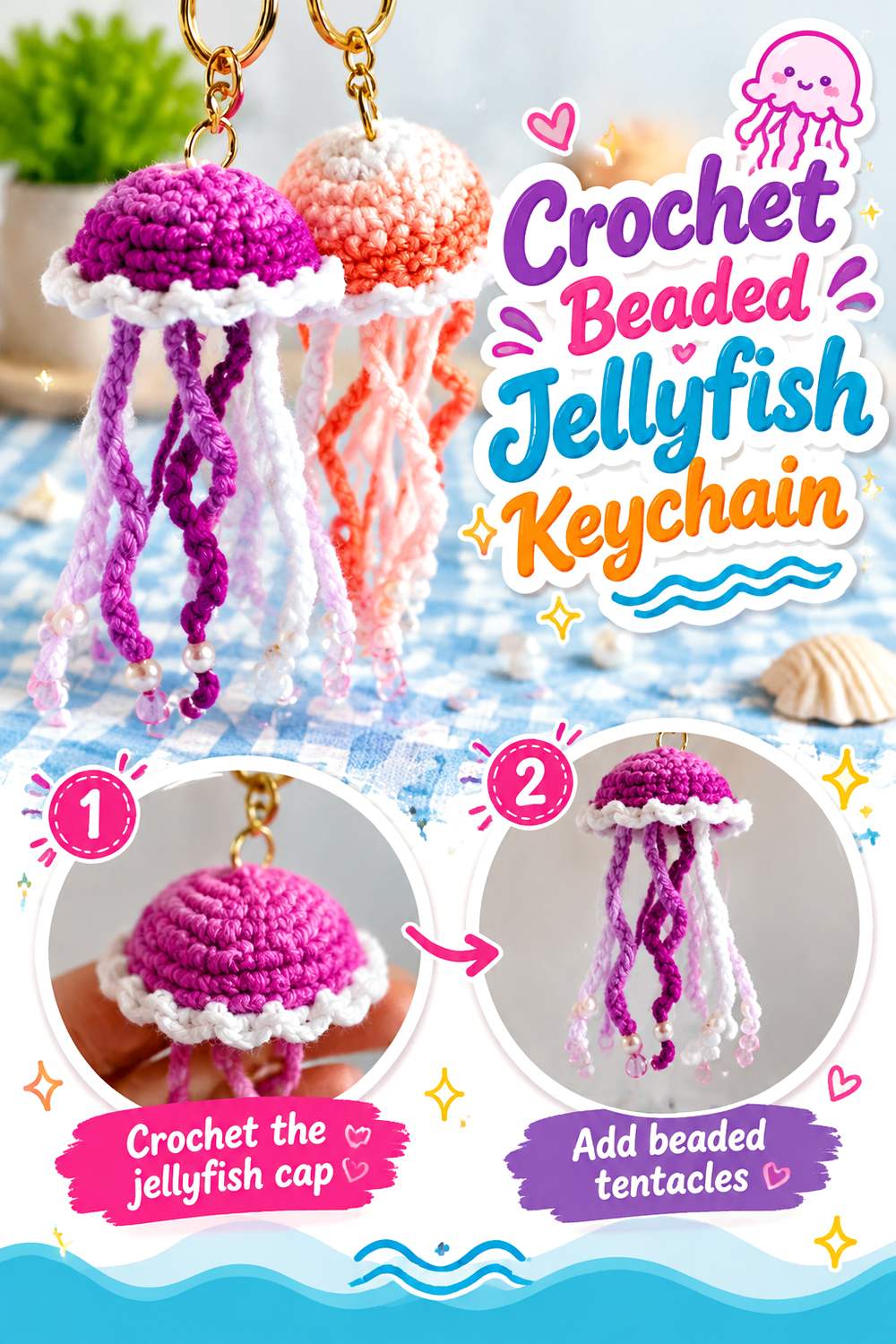 Crochet Beaded Jellyfish Keychain
