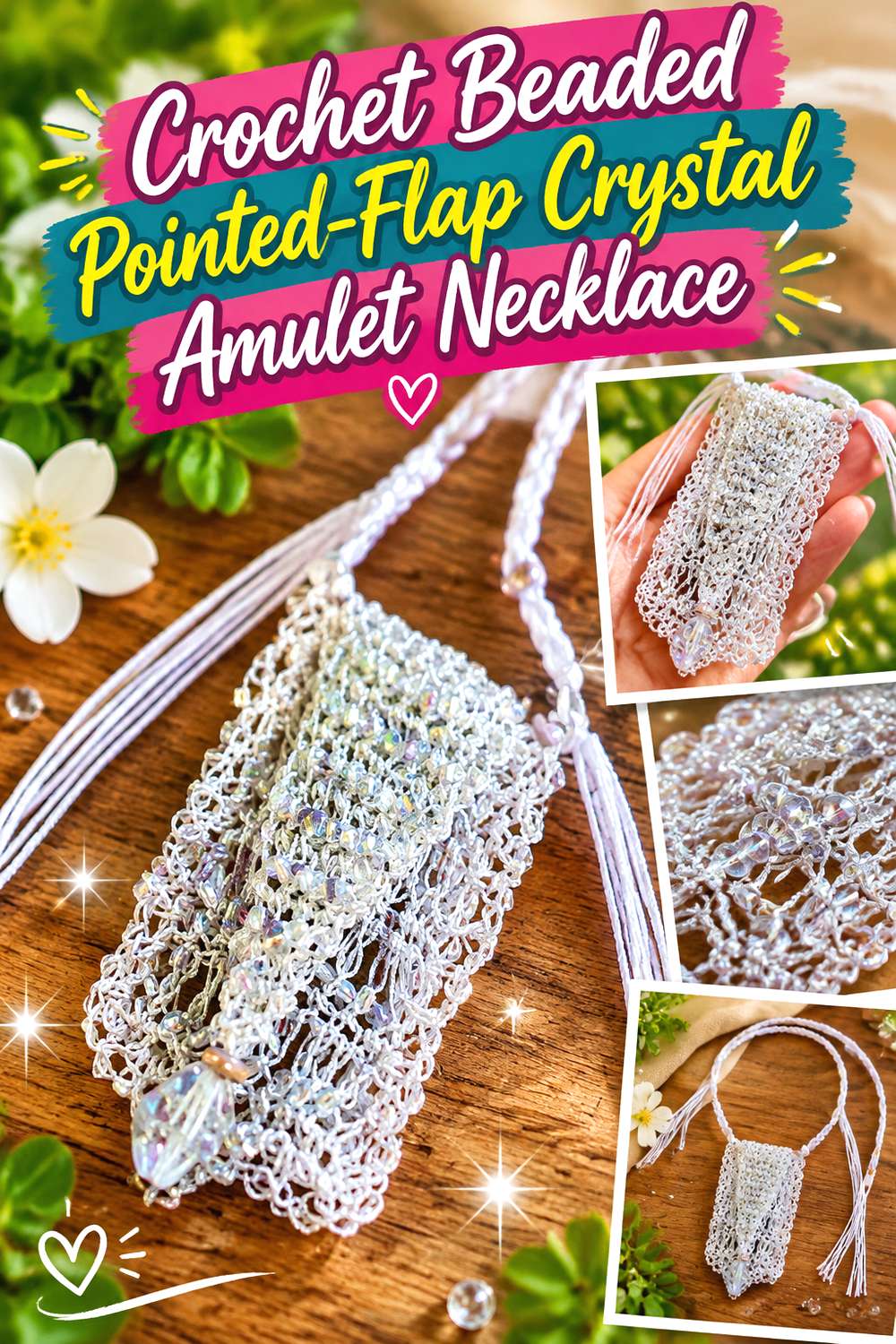 Crochet Beaded Pointed Flap Crystal Amulet Necklace