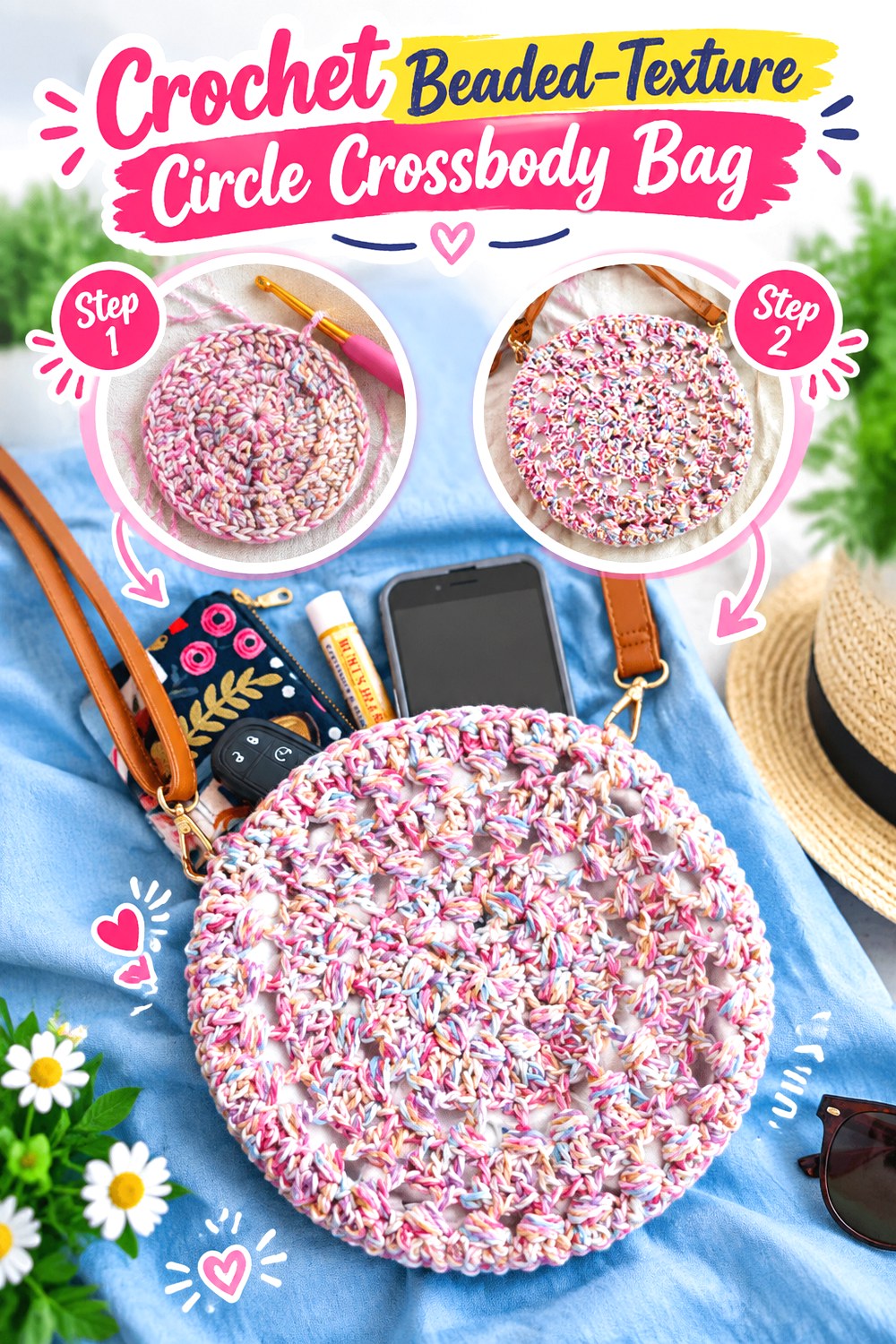 Crochet Beaded Texture Circle Crossbody Bag
