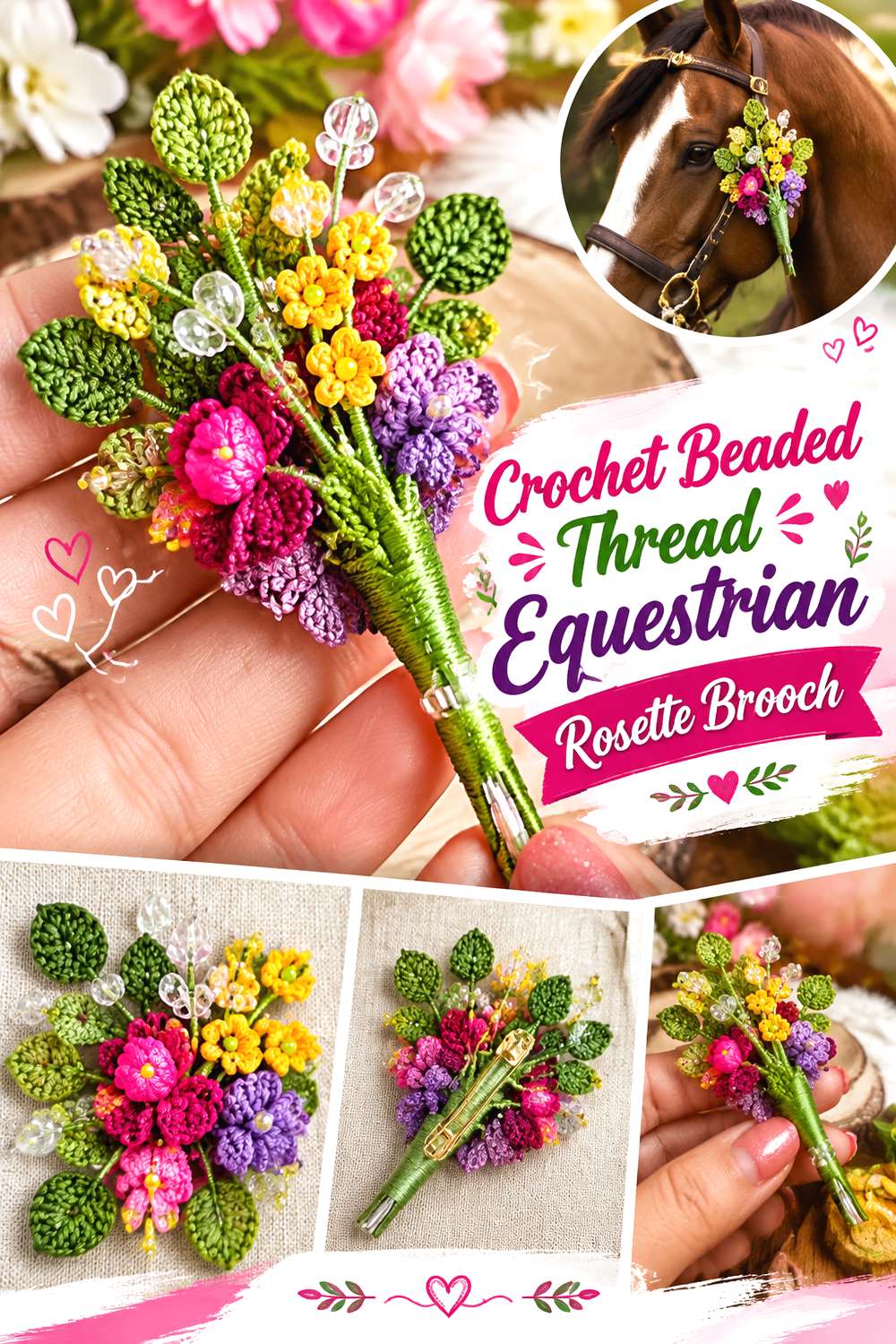 Crochet Beaded Thread Equestrian Rosette Brooch