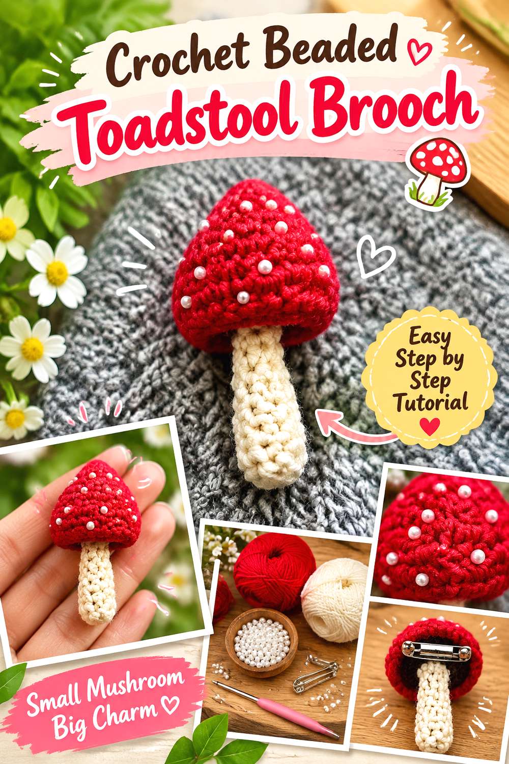 Crochet Beaded Toadstool Brooch