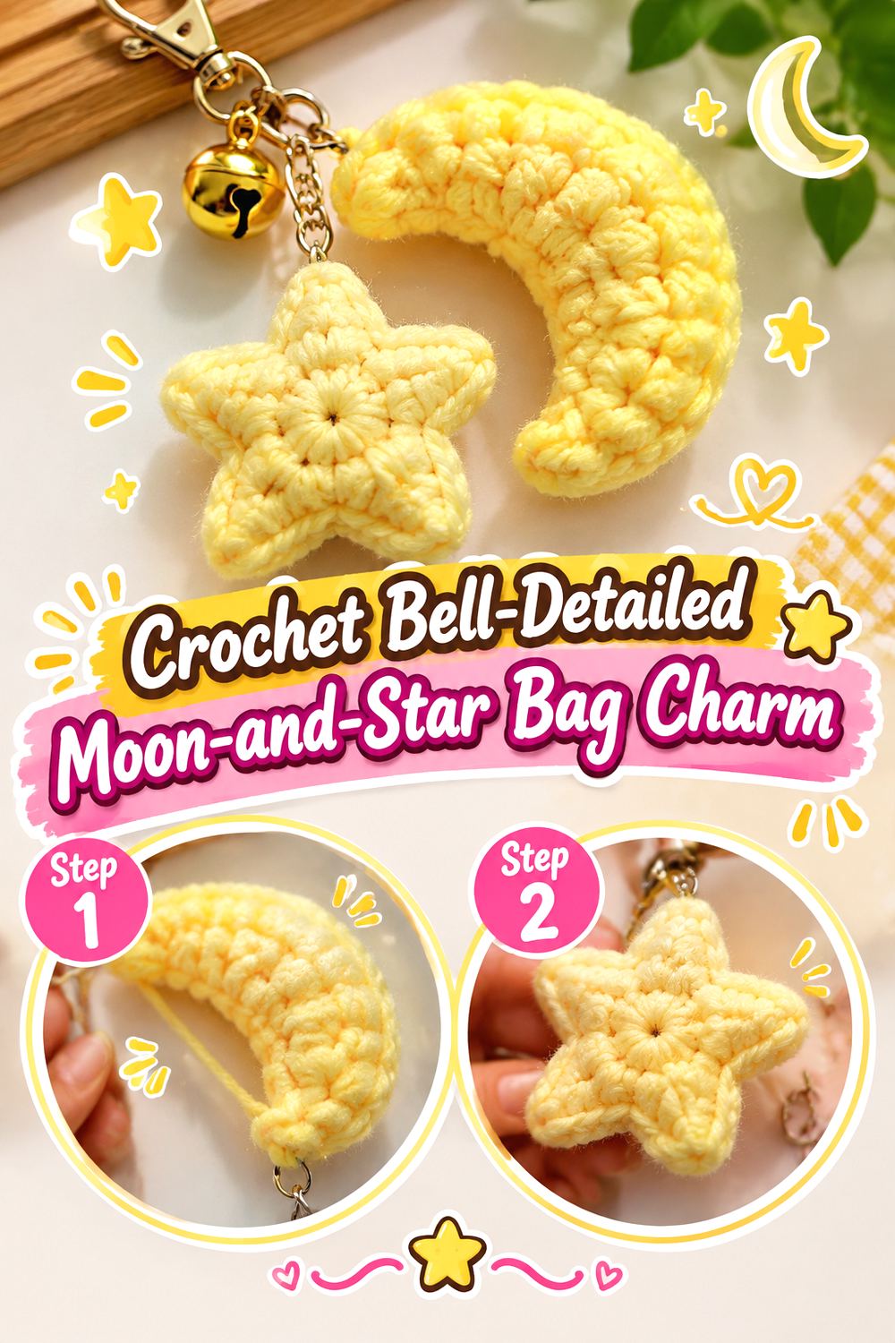 Crochet Bell Detailed Moon and Star Bag Charm