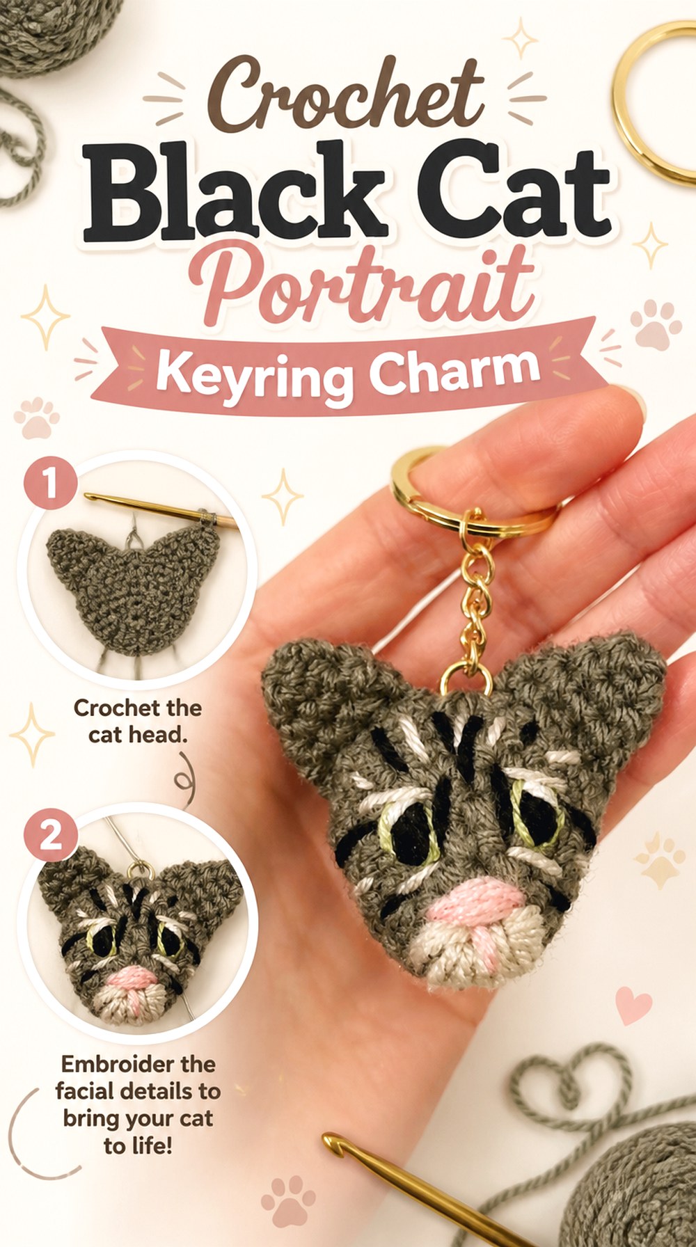 Crochet Black Cat Portrait Keyring Charm