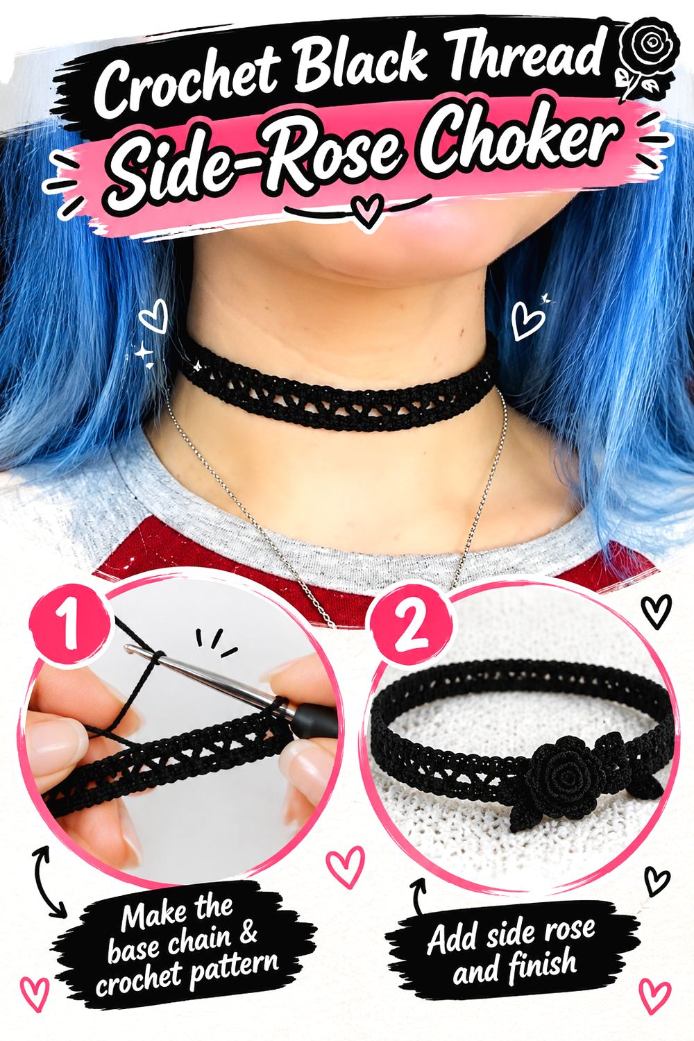 Crochet Black Thread Side Rose Choker