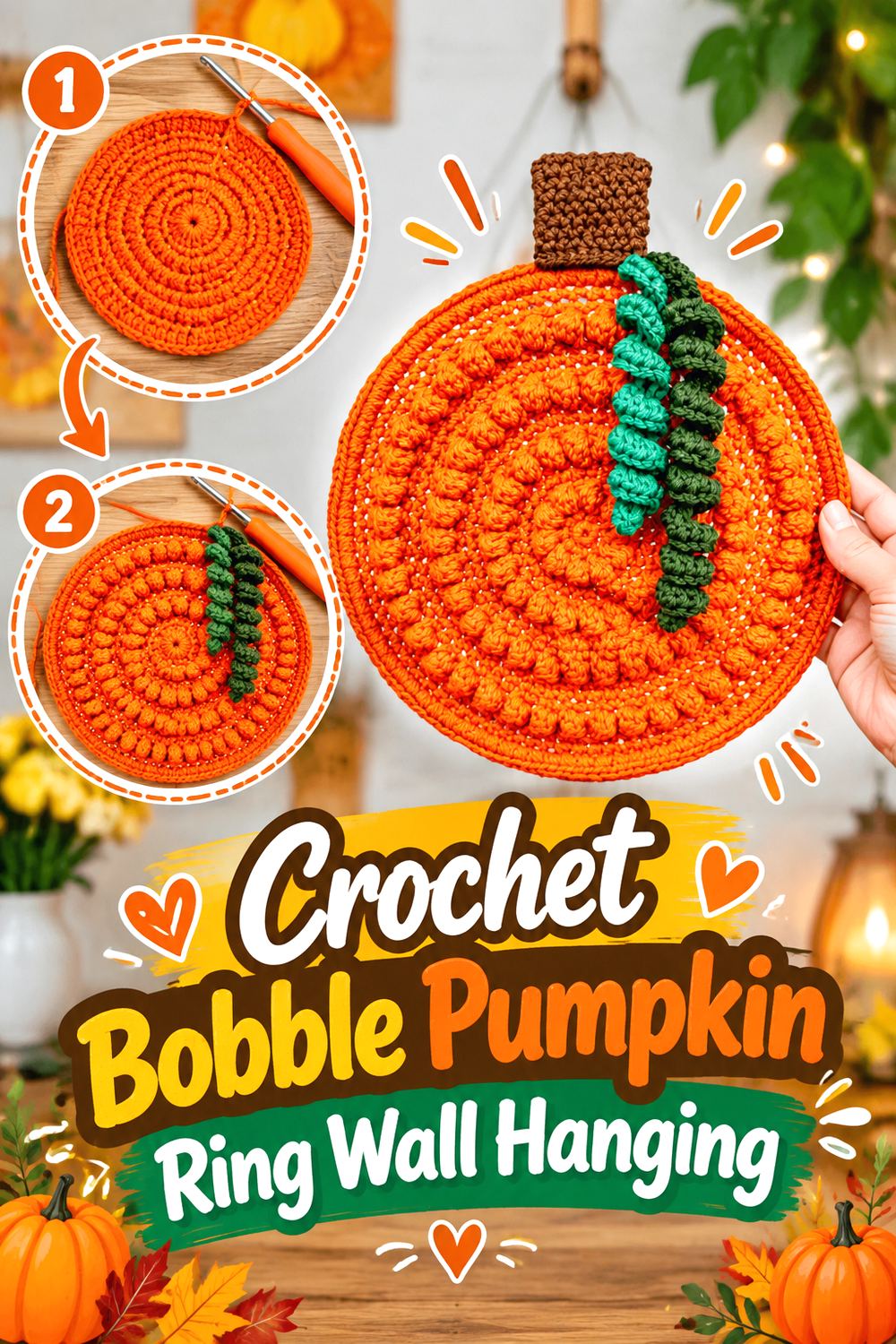 Crochet Bobble Pumpkin Ring Wall Hanging